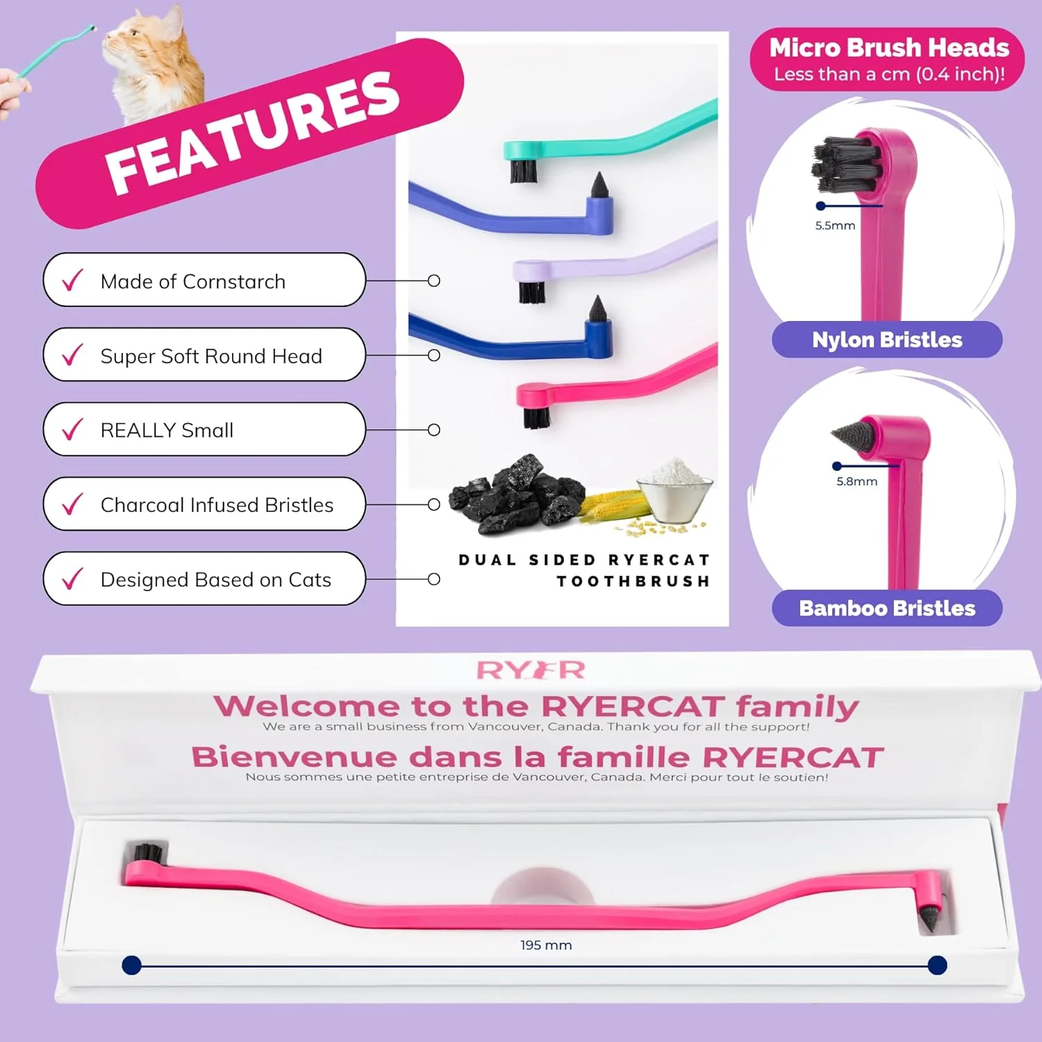 مسواک دو طرفه گربه RYERCAT - مسواک بچه گربه با سر میکرو برای قرارگیری در دهان گربه/بچه گربه - لوازم مراقبت از دندان گربه - مسواک حیوانات خانگی برای گربه ها (صورتی فلامینگو)