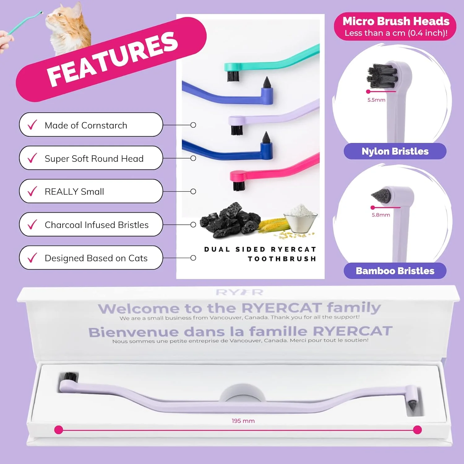 مسواک دو طرفه گربه RYERCAT - مسواک بچه گربه با سر میکرو برای قرارگیری در دهان گربه/بچه گربه - لوازم مراقبت از دندان گربه - مسواک حیوانات خانگی برای گربه ها (بنفش اسطوخودوس)