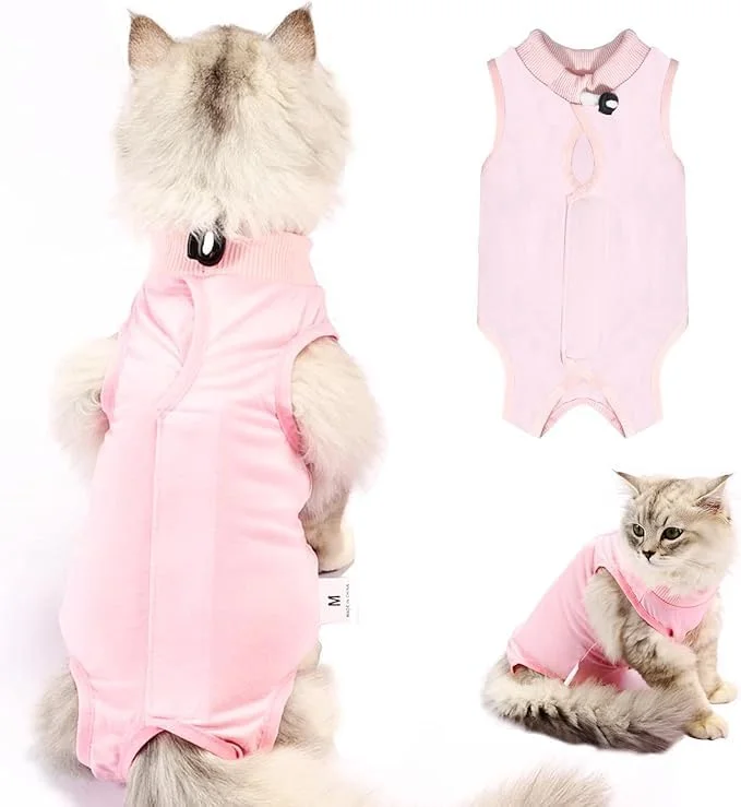 لباس ریکاوری گربه برای زخم های شکمی یا بیماری های پوستی، لباس ریکاوری جراحی حرفه ای و تنفسی، لباس بعد از جراحی ضد لیسیدن زخم، جایگزین قلاده الیزابت برای گربه ها و سگ ها (صورتی، S)