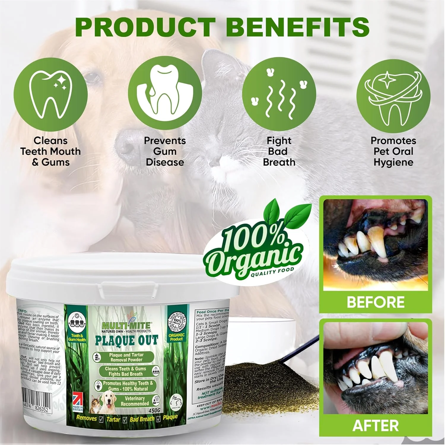 450 گرم پودر از بین برنده جرم و پلاک دندان، خوشبو کننده دهان و مراقبت از لثه سگ و گربه، 100% ارگانیک 450 گرم پودر از بین برنده جرم و پلاک دندان، خوشبو کننده دهان و مراقبت از لثه سگ و گربه، 100% ارگانیک