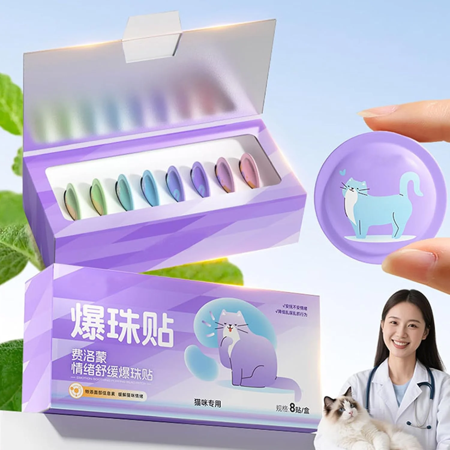 پچ آرام‌بخش گربه | 8 عدد پچ تسکین‌دهنده گربه | لوازم حیوانات خانگی مناسب سفر برای خانه، ماشین، جابجایی منزل، رعد و برق و کمپینگ