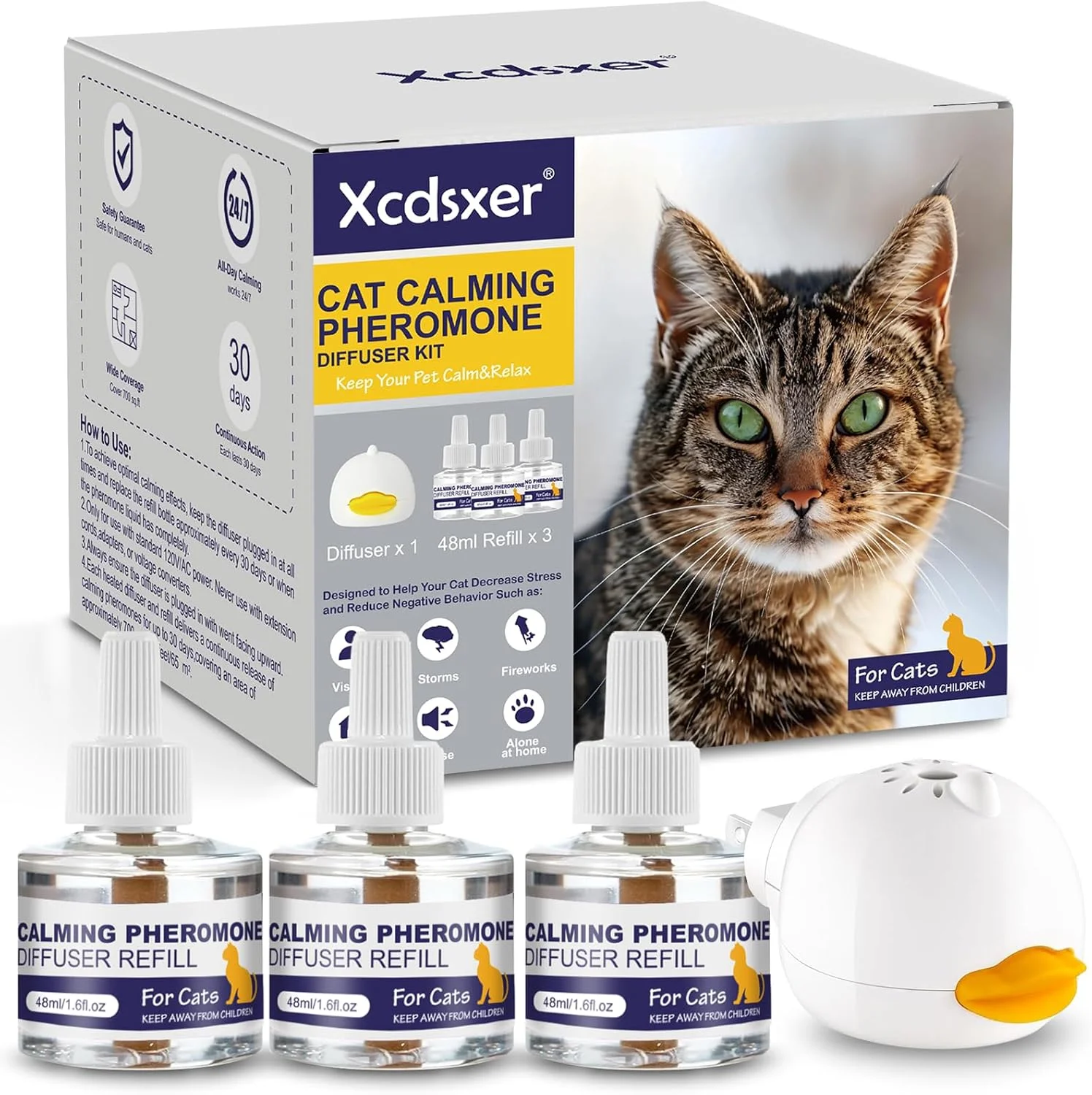 پخش کننده فرمون گربه برای آرامش و کاهش استرس و اضطراب - پخش کننده آرامش بخش گربه با کیفیت عالی، مناسب برای خانه هایی با چند گربه، 3 عدد