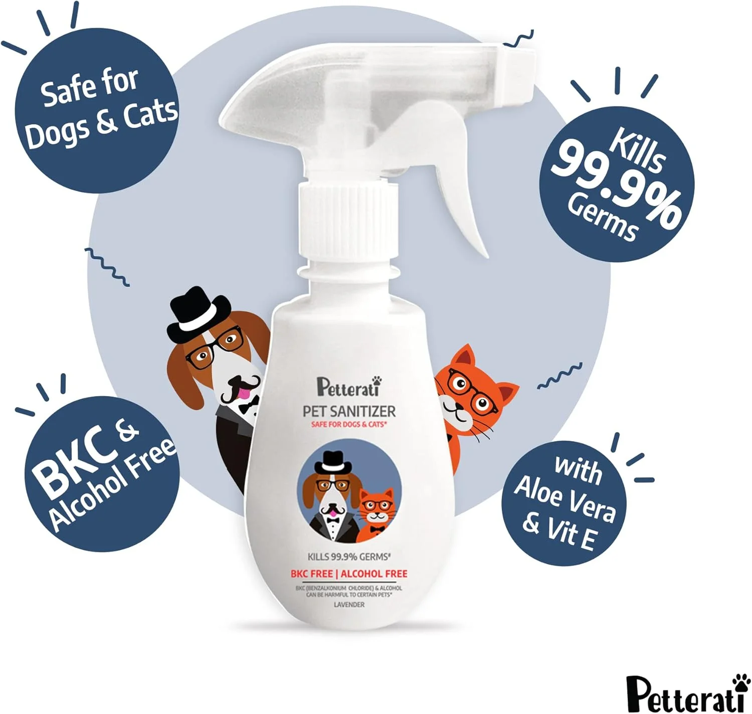 محلول ضدعفونی کننده حیوانات خانگی پتراتی - اسطوخودوس (250 میلی لیتر) | پاک کننده پنجه حیوانات خانگی بدون الکل | از بین برنده 99.9٪ میکروب ها | ایمن برای سگ ها و گربه ها