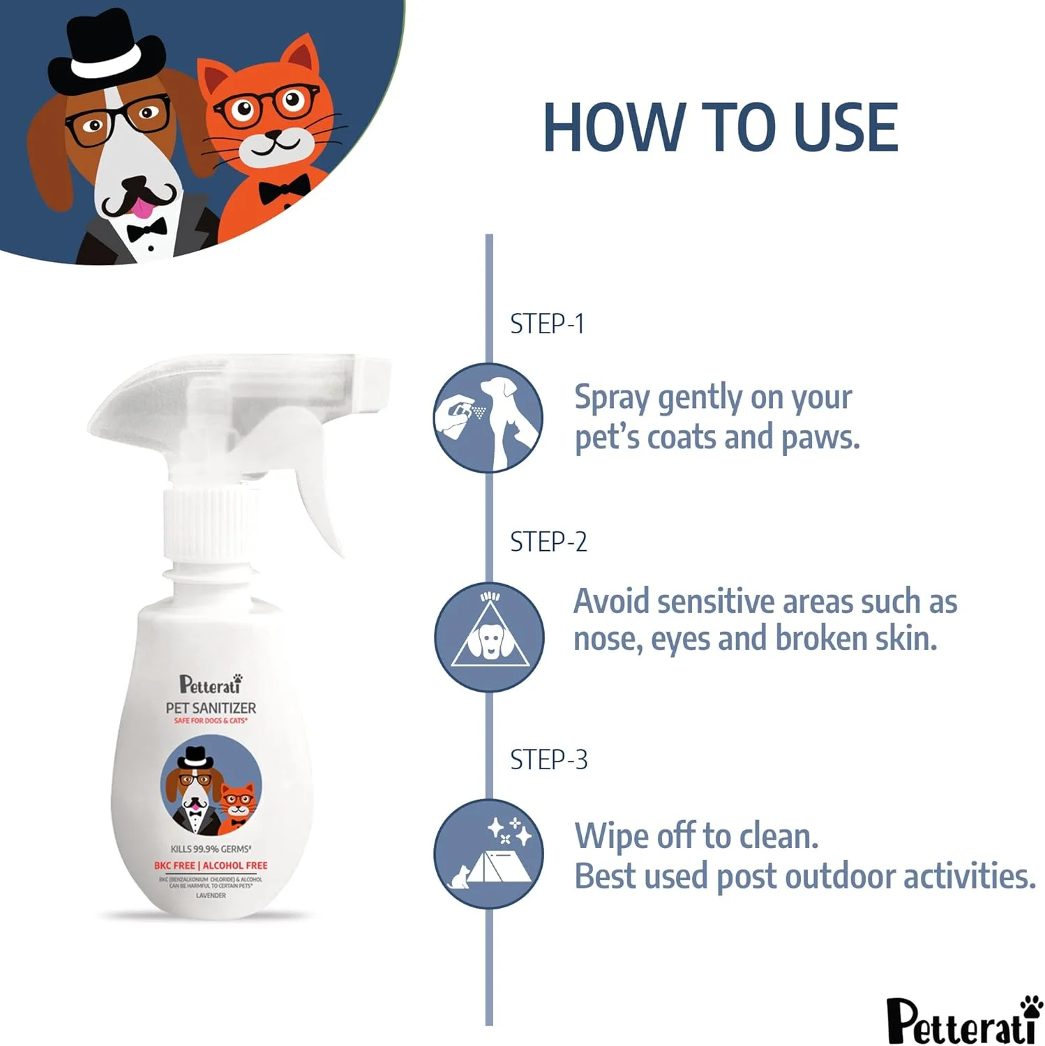 محلول ضدعفونی کننده حیوانات خانگی پتراتی - اسطوخودوس (250 میلی لیتر) | پاک کننده پنجه حیوانات خانگی بدون الکل | از بین برنده 99.9٪ میکروب ها | ایمن برای سگ ها و گربه ها
