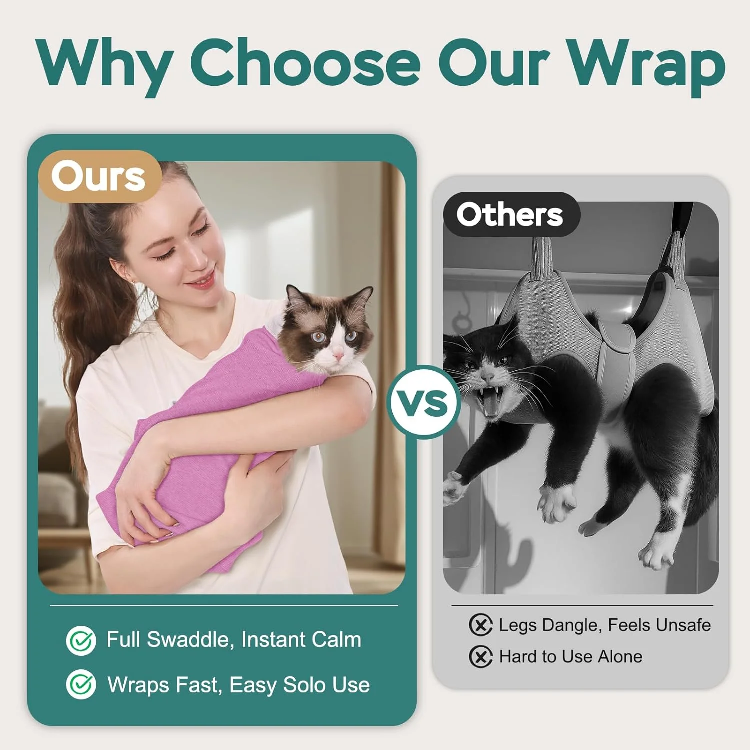 روپوش نظافت گربه خودچسب، روپوش راحت گربه برای کوتاه کردن ناخن، کیسه قنداق ضد خش و تنفسی گربه برای برس زدن، تمیز کردن گوش، مراقبت از دندان، دارو و تزریق، بنفش مایل به صورتی L