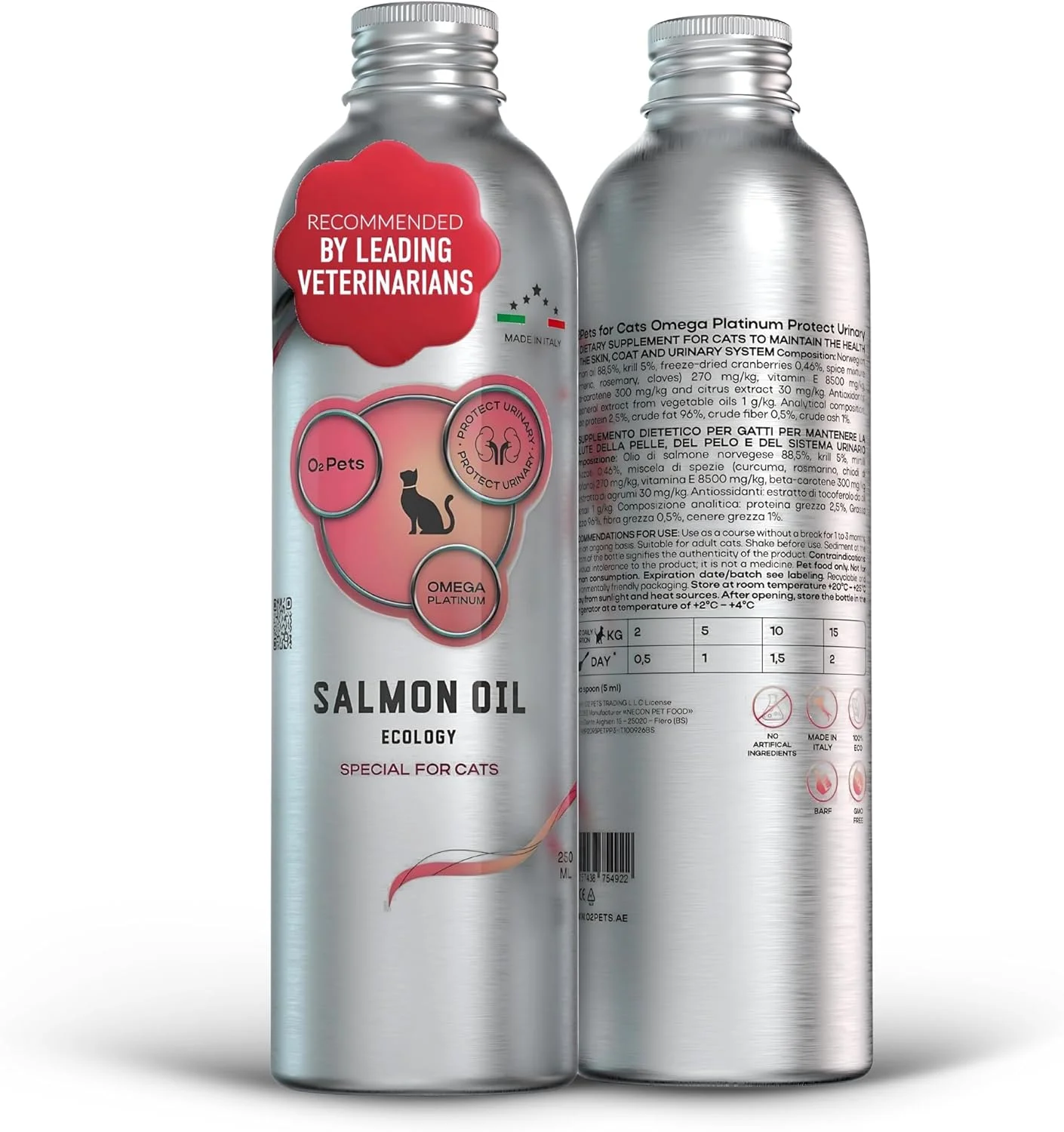 روغن سالمون نروژی صید وحشی O2 PETS امگا پلاتینیوم برای گربه ها، روغن ماهی امگا 3 مایع، افزودنی و تشویقی غذای گربه، پشتیبانی از پوست، پوشش و ایمنی (150 میلی لیتر)