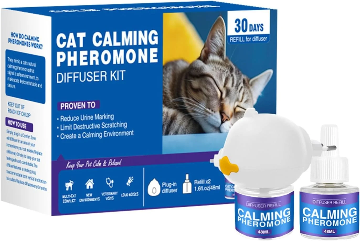 کیت پخش کننده فرمون آرام بخش گربه، شامل یک دستگاه پخش کننده و 2 عدد مخزن 48 میلی لیتری، کمک به کاهش استرس، اضطراب، علامت گذاری ادرار و خراشیدن گربه، ایمن برای همه گربه ها، غیر دارویی