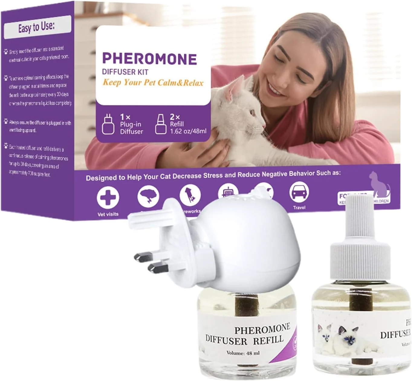 پخش کننده فرمون آرام بخش گربه | پخش کننده فرمون آرام بخش برای گربه ها، وسایل آسایش بی صدا، دوشاخه ضد استرس برای مسافرت و جلوگیری از اسپری کردن بچه گربه در داخل خانه