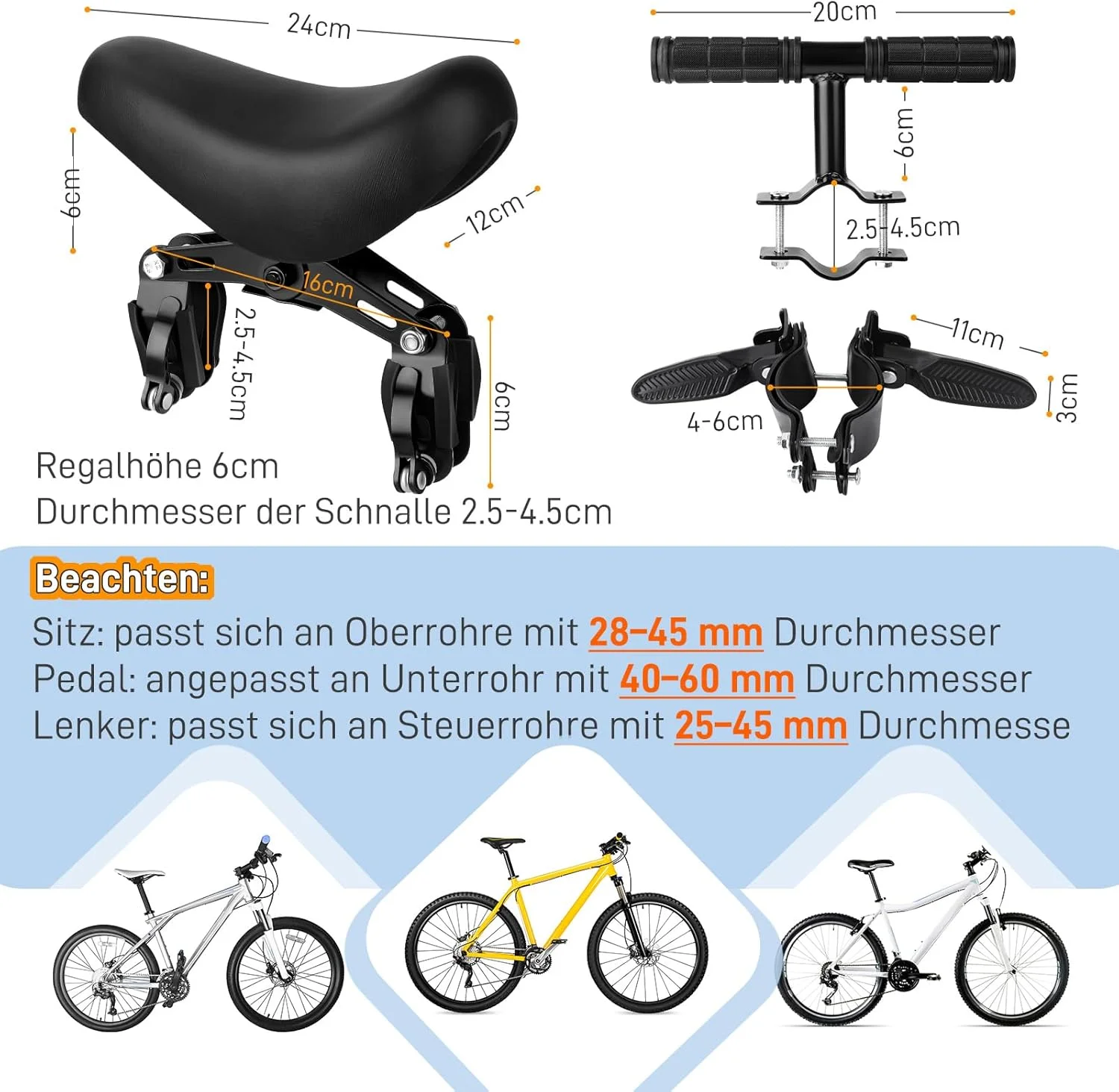 صندلی دوچرخه کوهستانی کودک، صندلی دوچرخه نصب شده در جلو برای کودکان 2 تا 6 سال، صندلی دوچرخه کودک قابل جابجایی با مجموعه قاب تکیه گاه بازو سازگار با تمام دوچرخه های کوهستانی بزرگسالان