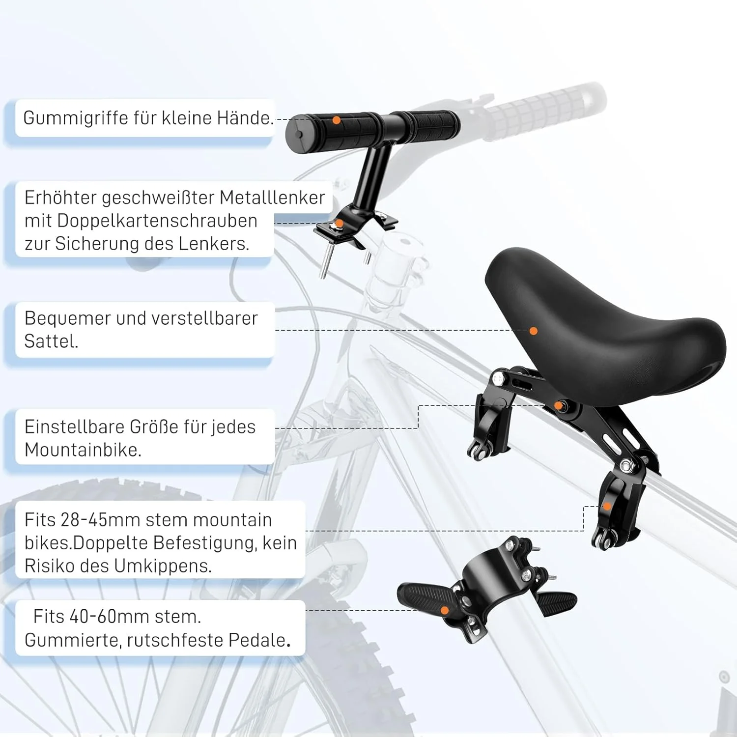 صندلی دوچرخه کوهستانی کودک، صندلی دوچرخه نصب شده در جلو برای کودکان 2 تا 6 سال، صندلی دوچرخه کودک قابل جابجایی با مجموعه قاب تکیه گاه بازو سازگار با تمام دوچرخه های کوهستانی بزرگسالان