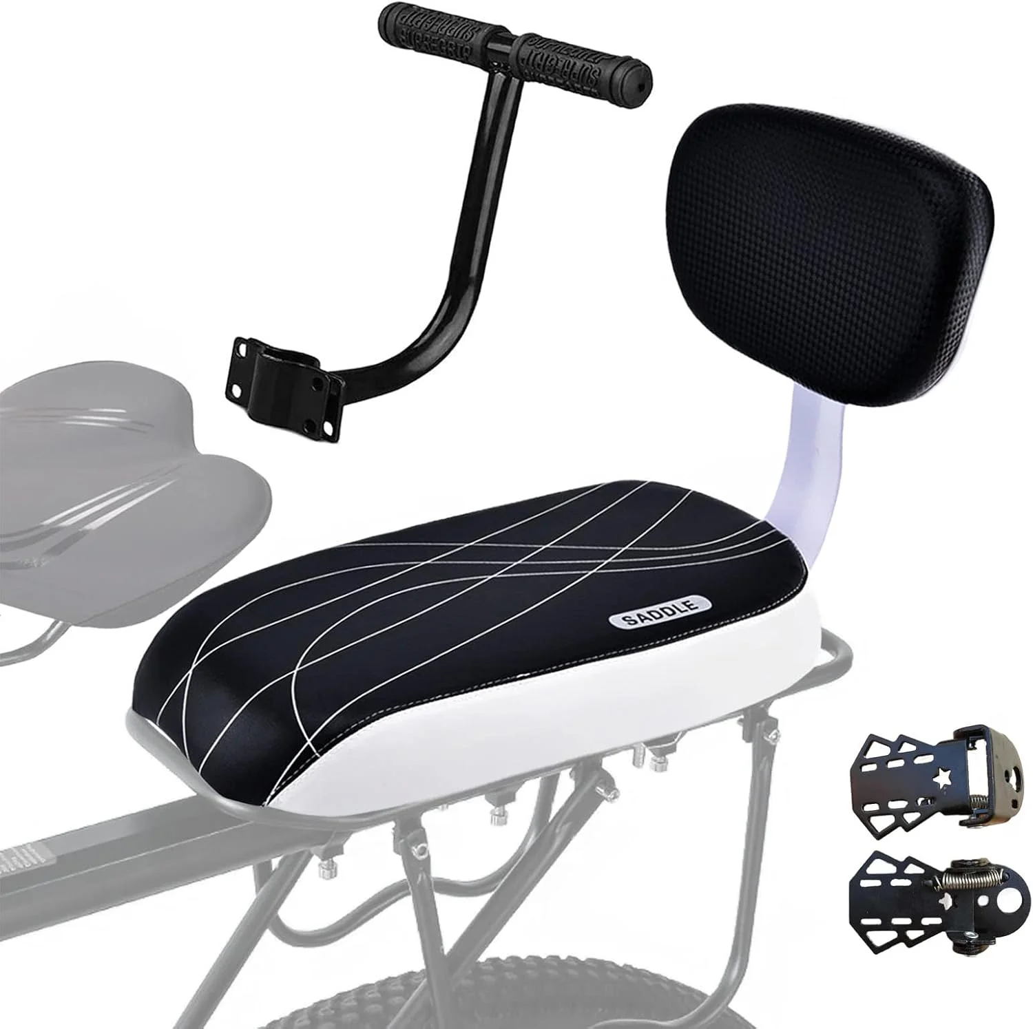 مجموعه لوازم جانبی صندلی عقب دوچرخه ایمنی، صندلی عقب با پشتی، دسته صندلی عقب دوچرخه، بالشتک صندلی دوچرخه، مجموعه زیرپایی، بالشتک صندلی عقب برای کودکان یا بزرگسالان