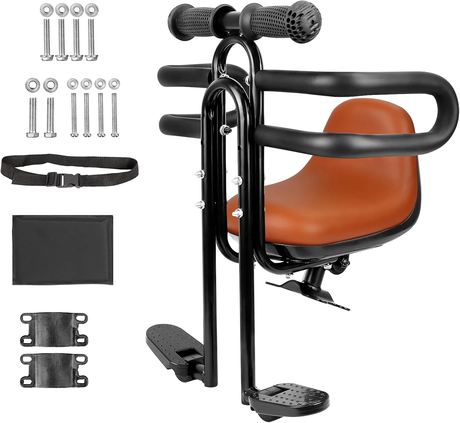 صندلی کودک برای دوچرخه بزرگسال، نصب در قسمت جلوی بدنه، آلیاژ آلومینیوم، دارای محافظ، مناسب برای دوچرخه کورسی، کوهستان و هیبریدی - مشکی/قهوه ای