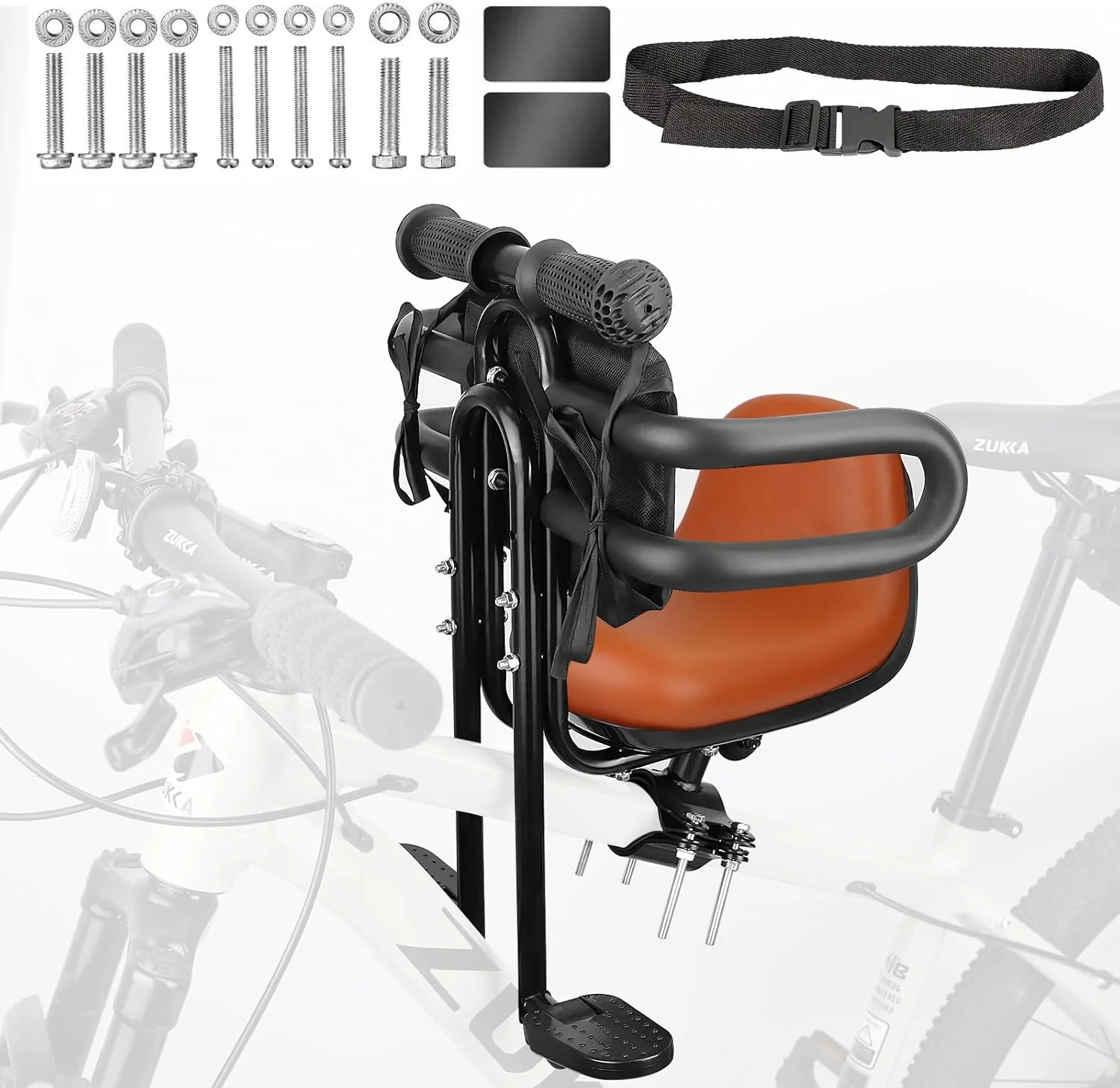 صندلی کودک برای دوچرخه بزرگسال، نصب در قسمت جلوی بدنه، آلیاژ آلومینیوم، دارای محافظ، مناسب برای دوچرخه کورسی، کوهستان و هیبریدی - مشکی/قهوه ای
