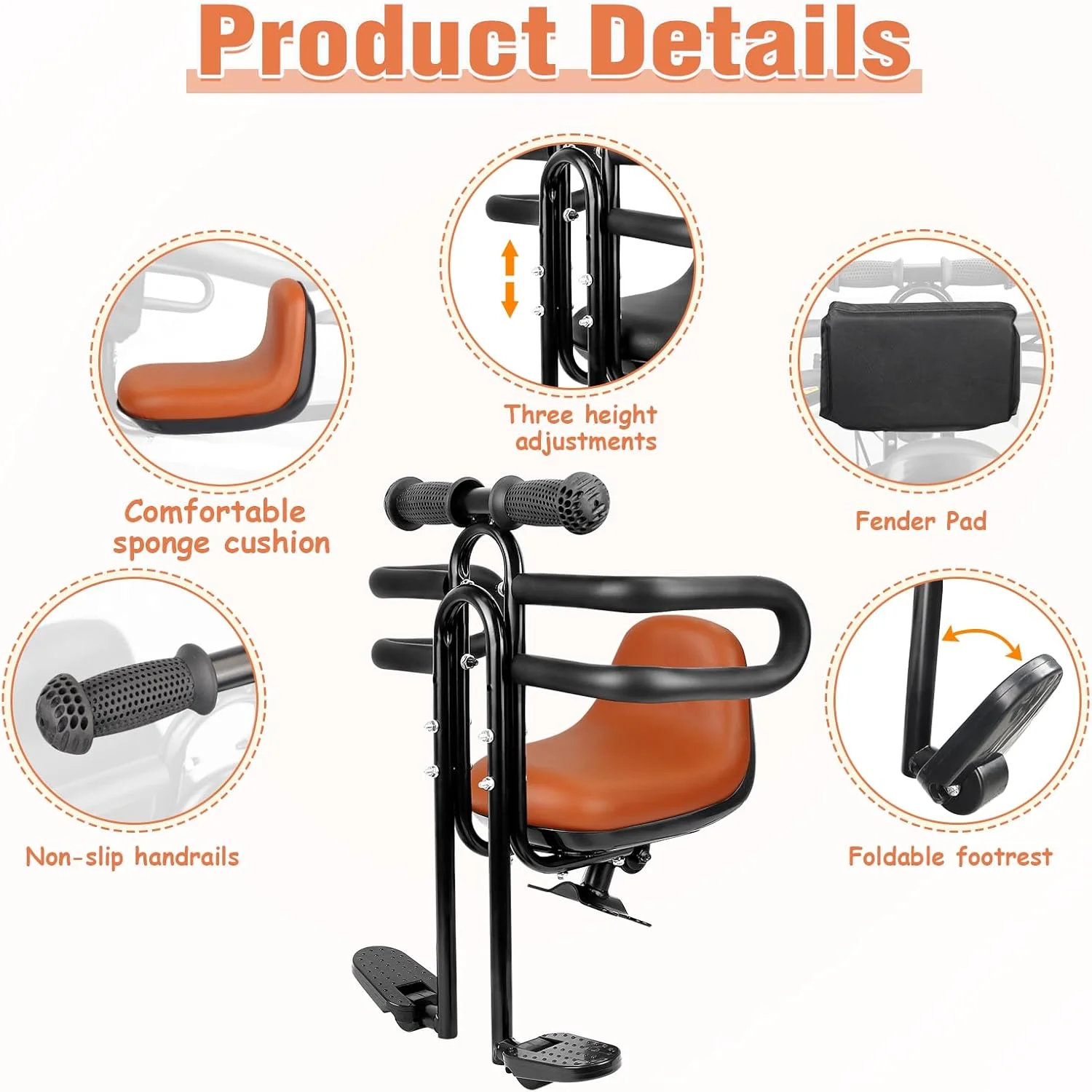 صندلی کودک برای دوچرخه بزرگسال، نصب در قسمت جلوی بدنه، آلیاژ آلومینیوم، دارای محافظ، مناسب برای دوچرخه کورسی، کوهستان و هیبریدی - مشکی/قهوه ای