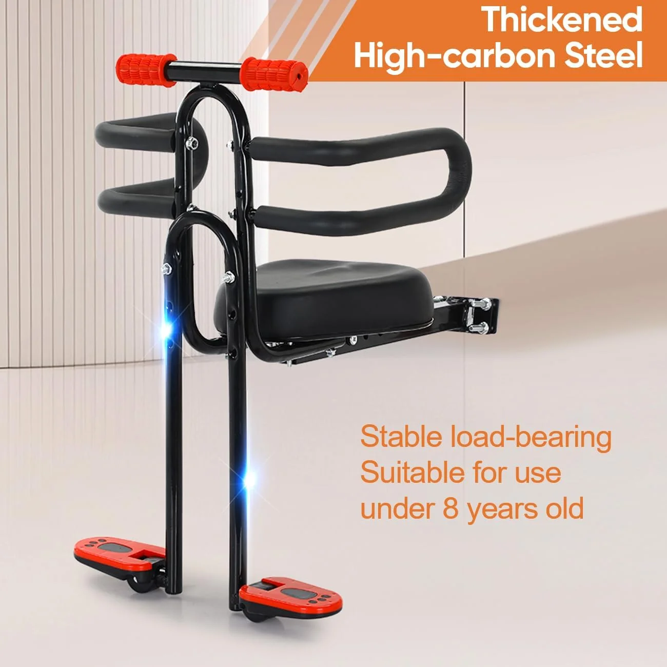 صندلی جلویی دوچرخه کودک، صندلی کودک دوچرخه با جاپایی تاشو، صندلی دوچرخه کودک جهانی با دسته و محافظ، مناسب برای دوچرخه های کوهستانی و شهری