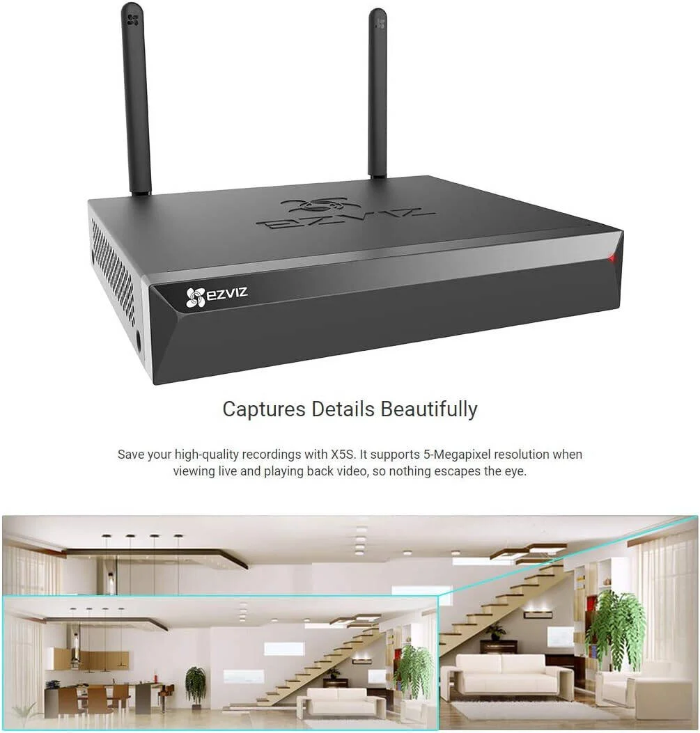 دستگاه ضبط ویدئویی تحت شبکه Ezviz X5S، قابلیت دسترسی به 8 دوربین 3K بی سیم/باسیم، 2 آنتن، برد بی سیم 100 متری، فرکانس رادیویی 2.4 گیگاهرتز، پورت SATA داخلی، 2 رابط USB2.0، مشکی | CS-X5S-R100-8W