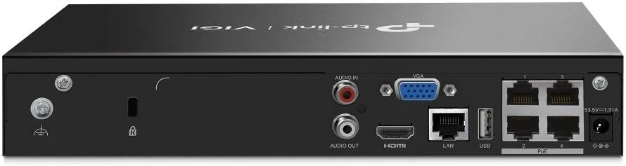 دستگاه ضبط ویدیویی تحت شبکه 4 کانال PoE+ تی‌پی‌لینک VIGI، پخش همزمان 4 کانال، استقرار ساده با PoE+، خروجی ویدیویی 4K HDMI و ظرفیت رمزگشایی 16 مگاپیکسل، مشکی | VIGI NVR1004H-4P