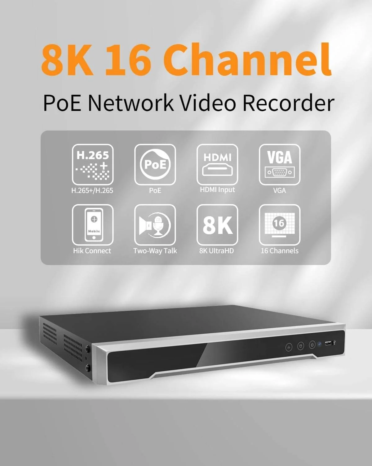 دستگاه ضبط ویدیویی تحت شبکه هایک ویژن سری M مدل DS-7616NI-M2 با 16 کانال 1U 8K همراه با 16 پورت PoE، پشتیبانی از رزولوشن 8K از طریق HDMI، پهنای باند تا 256 مگابیت بر ثانیه، پشتیبانی از H.265+، H.265، H.264+ و H.264، مشکی | DS-7616NI-M2