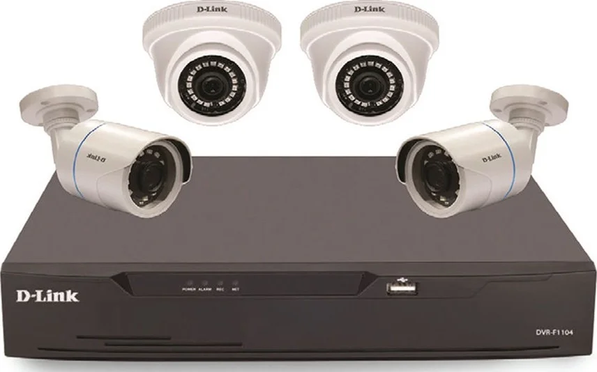 کیت دوربین مداربسته دی-لینک شامل ۴ دوربین: ۲ دوربین دام پلاستیکی ۲ مگاپیکسلی داخلی، ۲ دوربین بولت ۲ مگاپیکسلی خارجی و دستگاه DVR مدل DCS-P4
