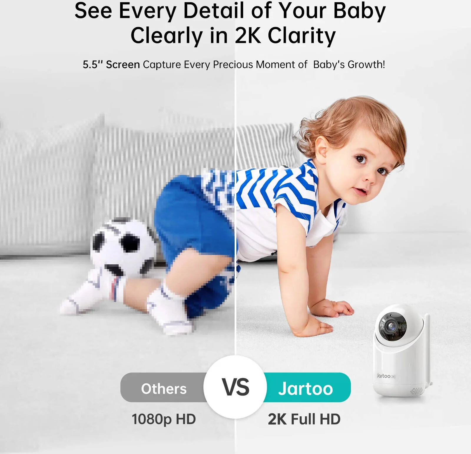 مانیتور کودک بدون وای فای Jartoo 2K با 1 دوربین، صفحه نمایش 5.5 اینچی تقسیم صفحه 2K، برد 3000 فوتی، تشخیص گریه هوش مصنوعی، دید در شب IR، صدای دو طرفه، زوم 4X، پوشش 360 درجه، 6000mAh، سفید | VBM002UK0001 مانیتور کودک بدون وای فای Jartoo 2K با 1 دوربین، صفحه نمایش 5.5 اینچی تقسیم صفحه 2K، برد 3000 فوتی، تشخیص گریه هوش مصنوعی، دید در شب IR، صدای دو طرفه، زوم 4X، پوشش 360 درجه، 6000mAh، سفید | VBM002UK0001