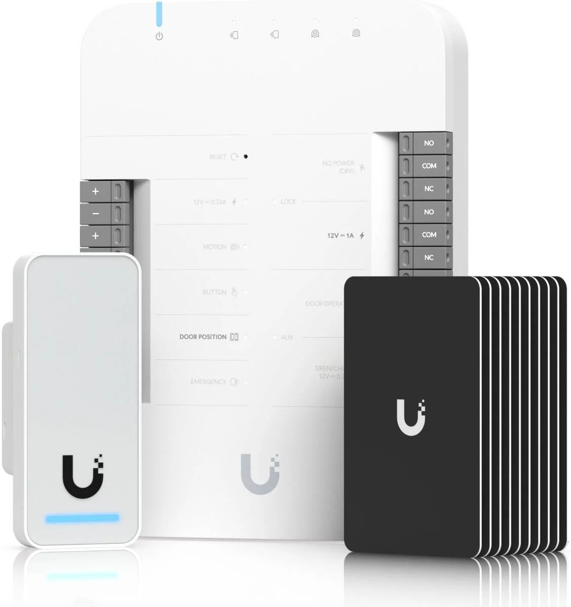 کیت استارتر Ubiquiti G2، هاب درب، ریدر G2، 10 عدد کارت دسترسی، PoE Passthrough، ال ای دی های سفید و آبی، جنس پلی کربنات و شیشه، ضد آب و هوا IP55، سفید | UA-G2-SK