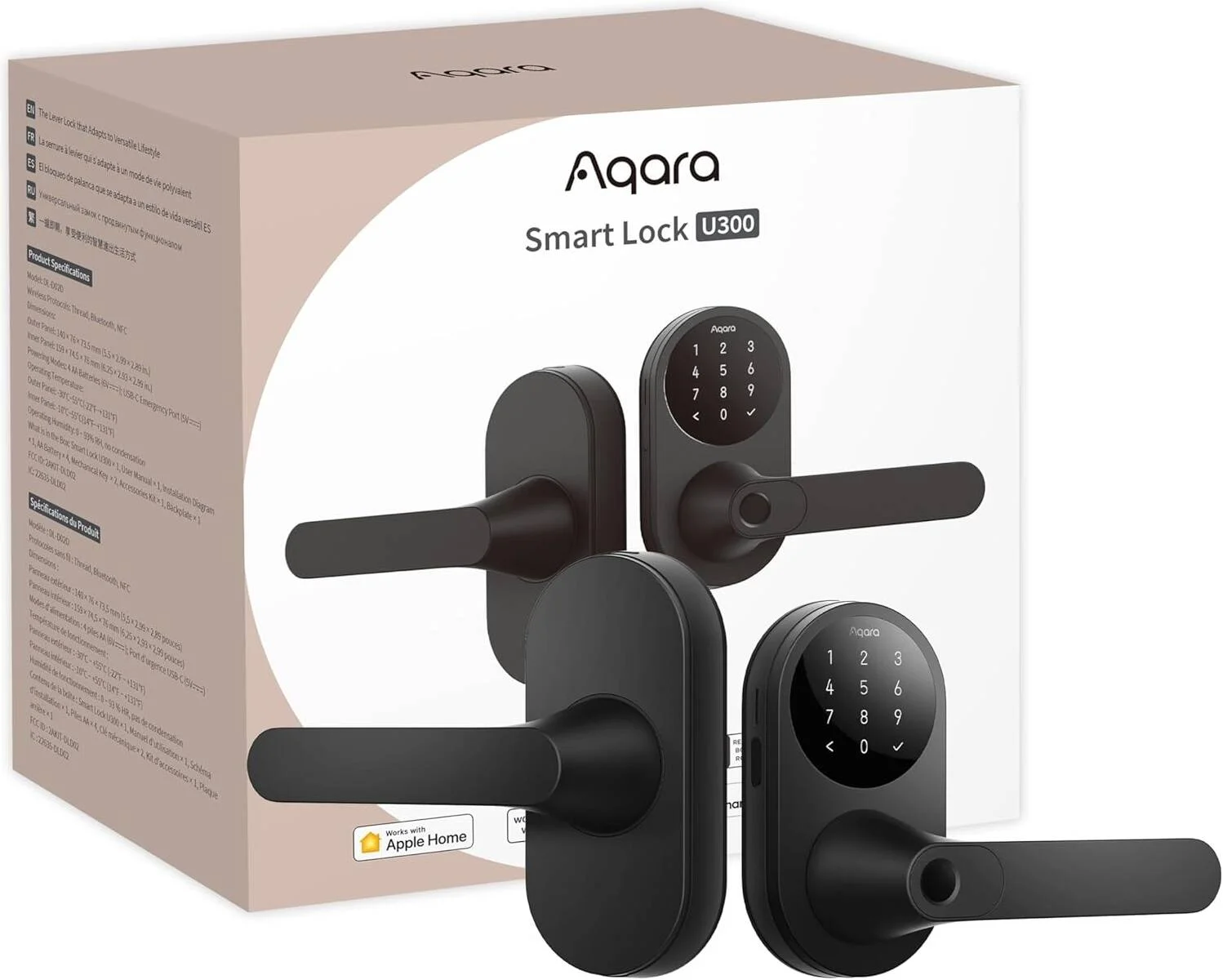 قفل هوشمند Aqara U300، قفل درب ورودی بدون کلید اثر انگشتی با دستگیره، Matter Over Thread با کلیدهای خانه Apple، صفحه کلید لمسی، قفل اهرمی هوشمند، مشکی | DL-D02D