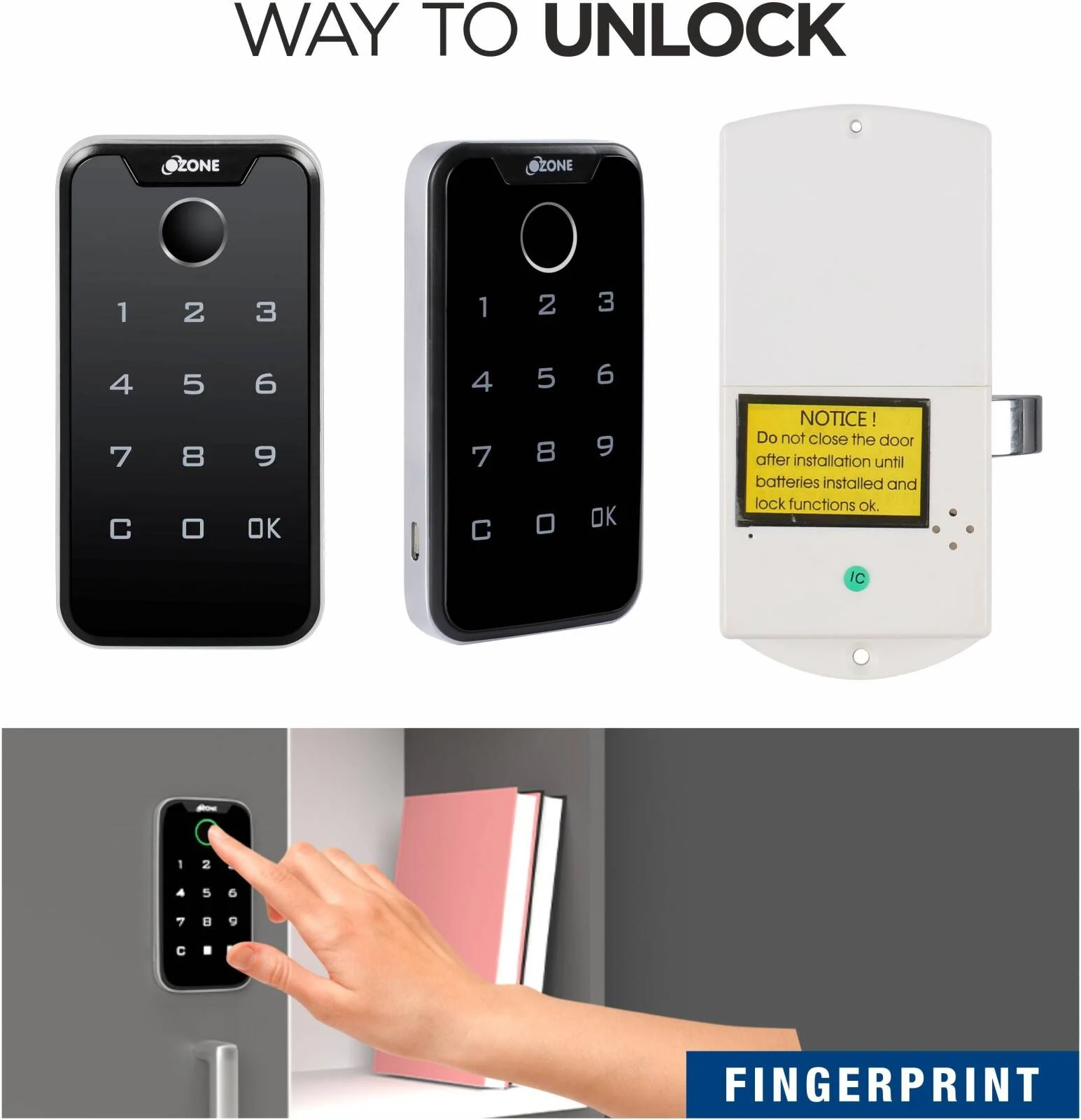 قفل اثر انگشتی و رمز عبوری Ozone OZFL-203-PF، صفحه کلید دیجیتال، نشانگر باتری کم، فناوری ضد سرقت، حالت شخصی و عمومی، رمز عبور دوگانه، مشکی | OZFL-203-PF