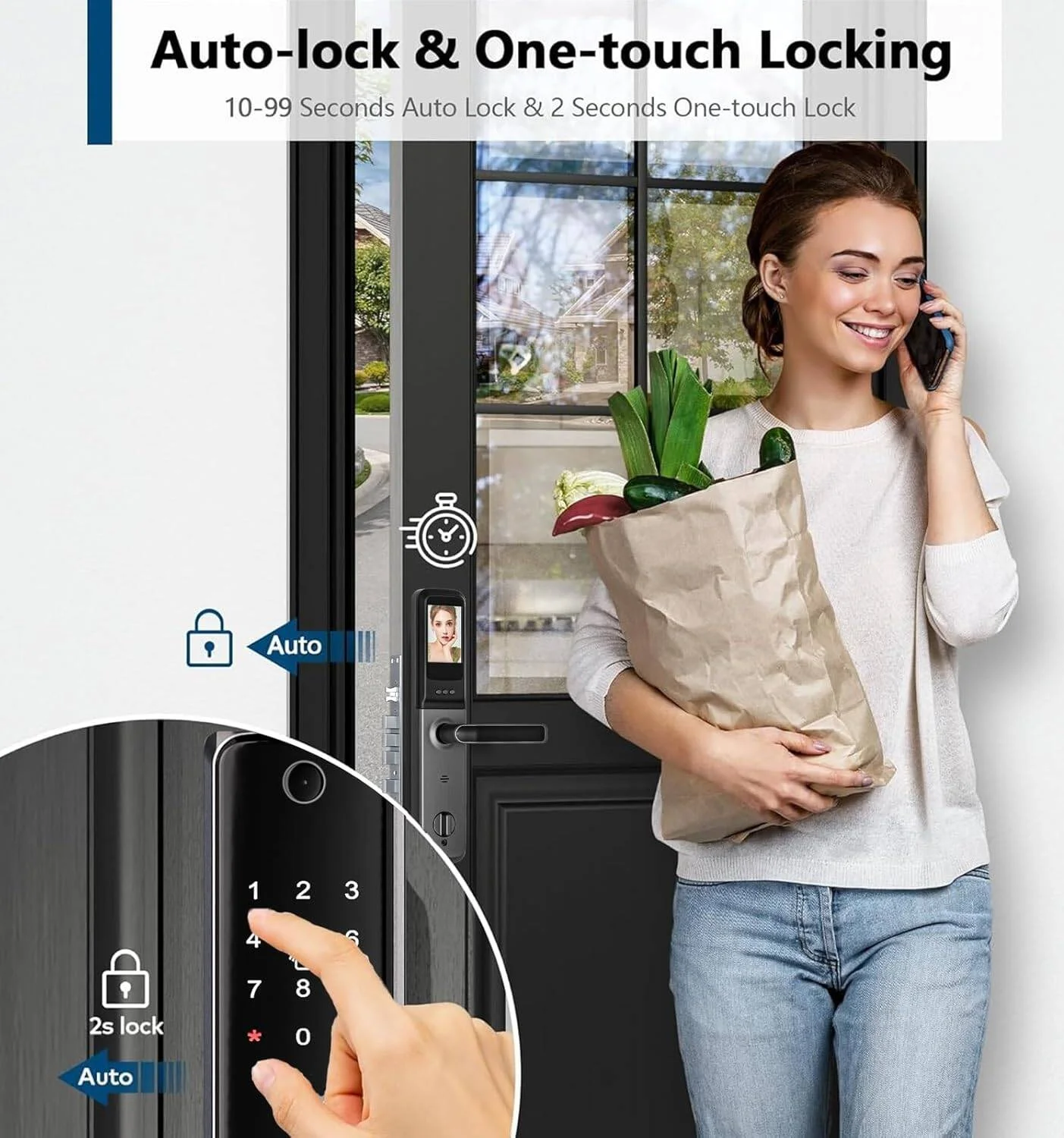 قفل درب هوشمند Makayuron، دستگیره ورود بدون کلید اثر انگشتی Cateye، قفل دیجیتال الکترونیکی با صفحه کلید، TuyaWiFi با باتری، مشکی | S07