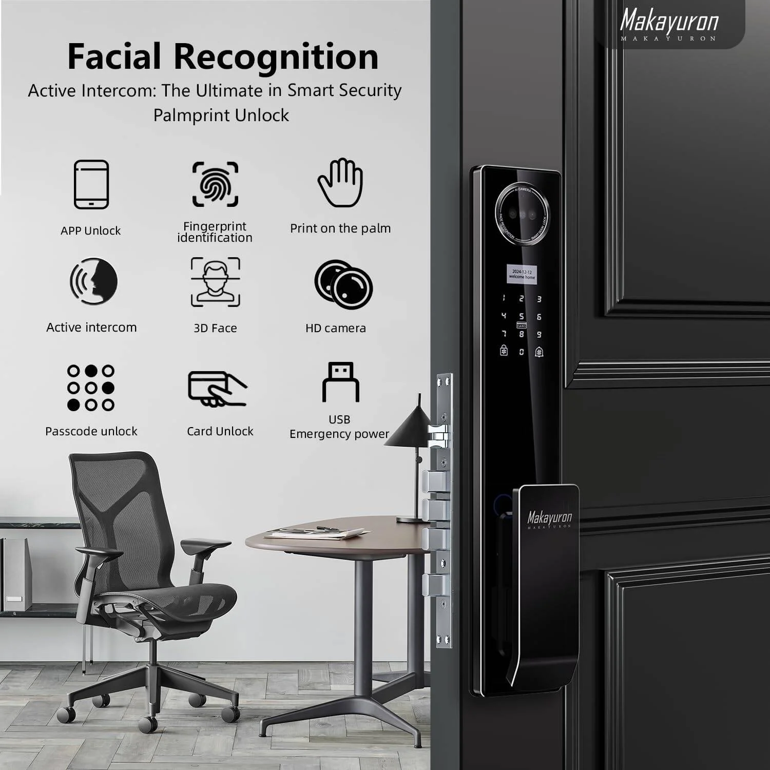 قفل درب هوشمند تمام آلومینیومی CNC Makayuron با باتری 5000 میلی آمپر ساعت، پشتیبانی از روش های باز کردن قفل متعدد مانند تشخیص چهره، اثر انگشت، کف دست، رمز عبور، برنامه Tuya، به همراه مورتایز 6068، مشکی | D1proU