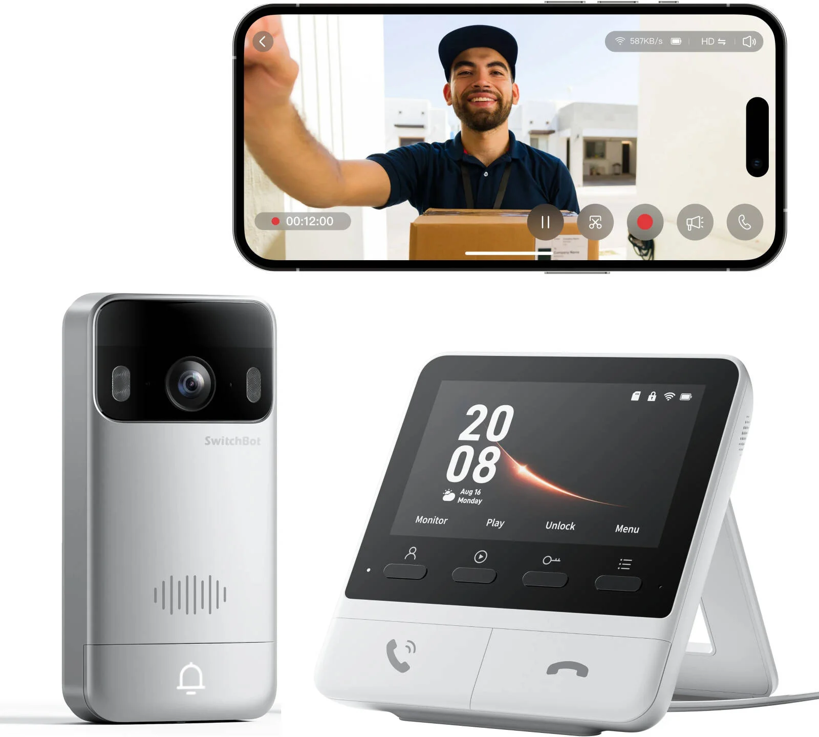 درب بازکن تصویری هوشمند بی‌سیم SwitchBot، ویدیوی 2K Full HD، مکالمه دو طرفه، دید در شب رنگی، ضد آب IP65، عمر باتری فوق‌العاده طولانی 5000 میلی‌آمپر ساعت، تشخیص حرکت، نمای فوق‌عریض، خاکستری | W6702001