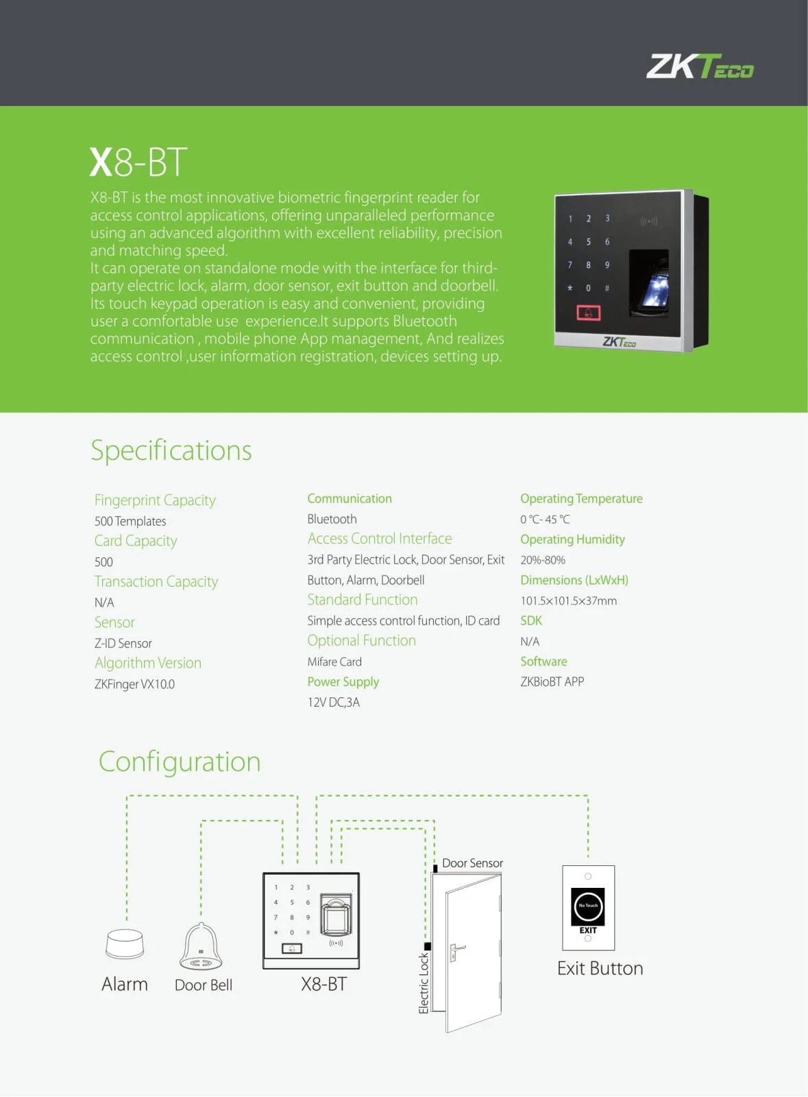دستگاه حضور و غیاب اثر انگشت و کارت RFID مدل ZKTeco X8-BT، ظرفیت 500 اثر انگشت، سنسور SilkID، بلوتوث، قفل برقی، سنسور درب، دکمه خروج، آلارم، زنگ درب | X8-BT