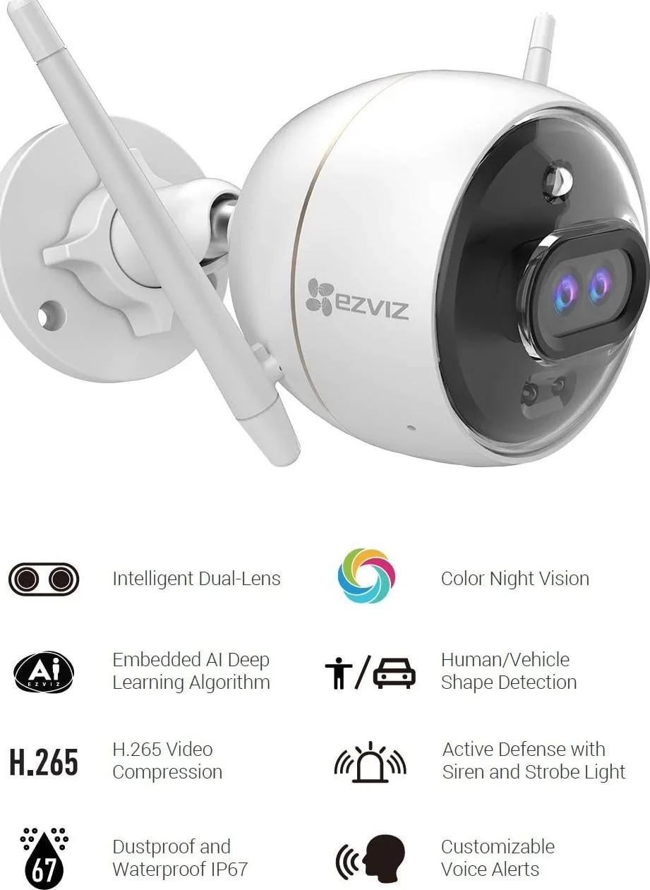 دوربین امنیتی فضای باز Ezviz با لنز دوگانه 1080P، دوربین امنیتی دید در شب رنگی عالی (C3X) | CS-CV310-C0-6B22WFR(2.8mm) دوربین امنیتی فضای باز Ezviz با لنز دوگانه 1080P، دوربین امنیتی دید در شب رنگی عالی (C3X) | CS-CV310-C0-6B22WFR(2.8mm)