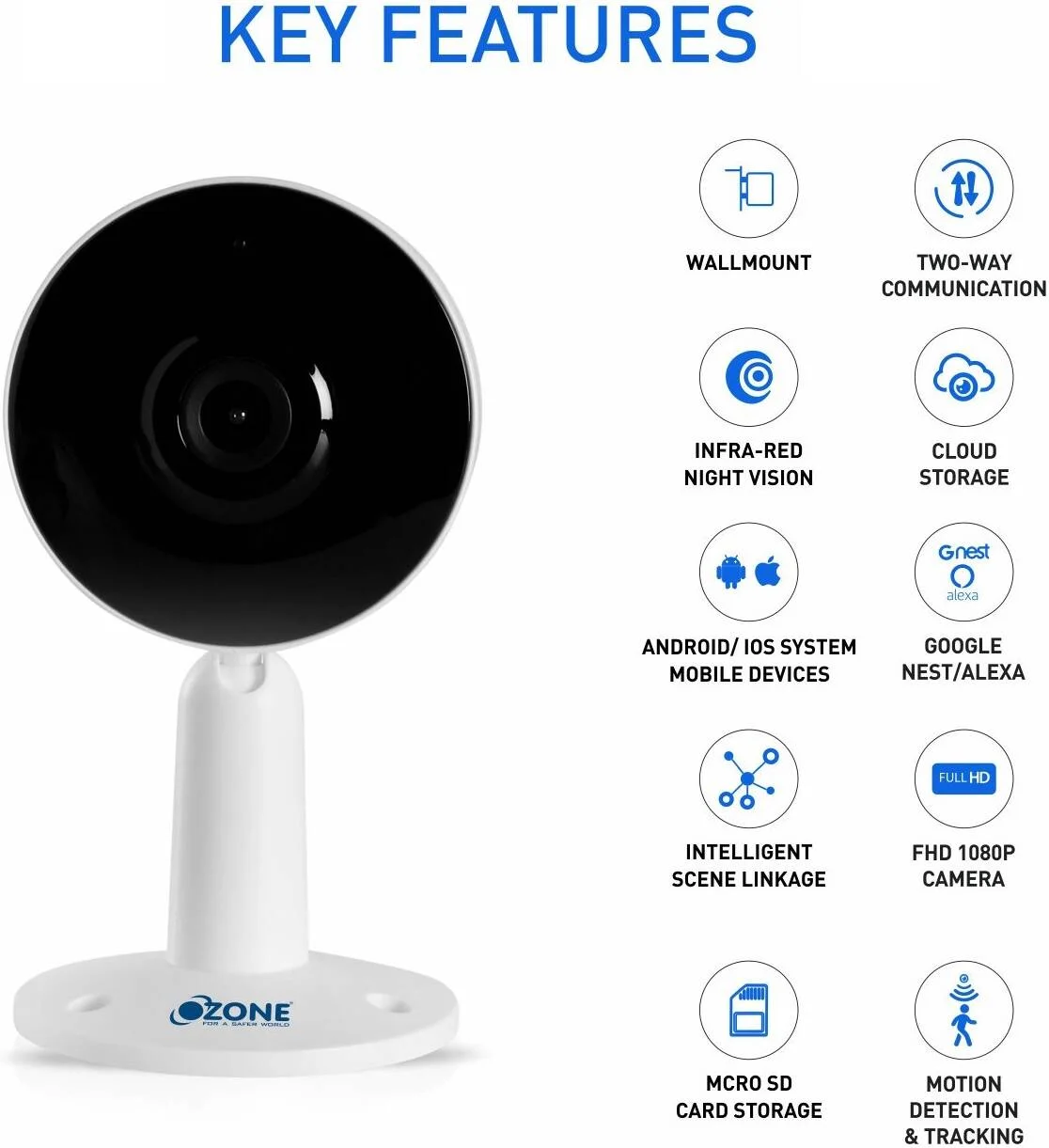 دوربین هوشمند داخلی وای‌فای Ozone OZ-Life-FC-01، دوربین FHD 1080P، ارتباط دو طرفه، دید در شب مادون قرمز، اتصال هوشمند صحنه، تشخیص حرکت و ردیابی | OZ-Life-FC-01