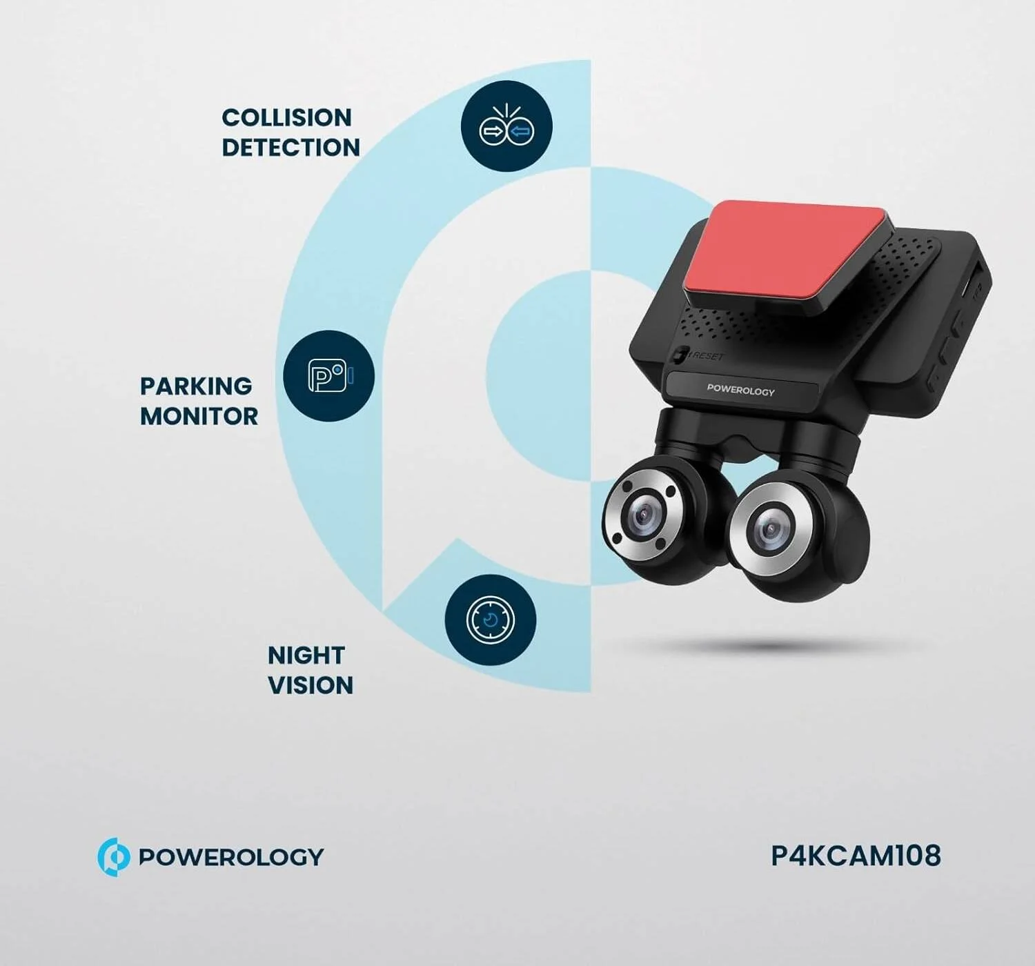 دوربین داشبورد دو لنز پاورولوژی، رزولوشن 4K برای دوربین جلو، رزولوشن 1080P برای دوربین داخلی، ضبط داخلی FHD، سنسور CMOS 4K، صفحه نمایش لمسی 3 اینچی، مانیتور پارکینگ، دید در شب