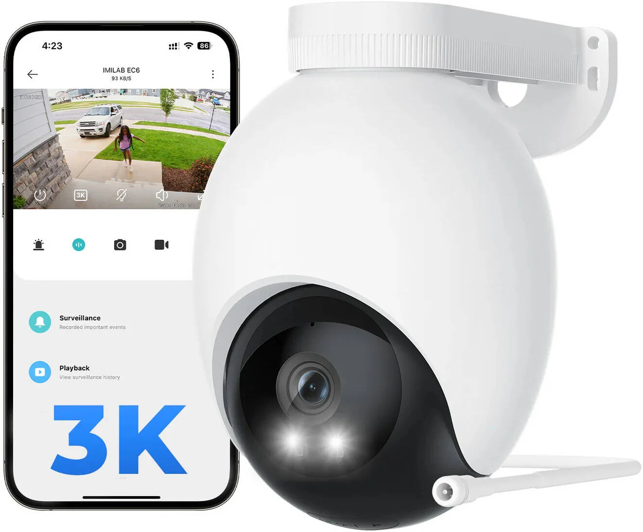 دوربین مداربسته پروژکتوری وای فای 3K ایمیلب EC6، تک لنز، رزولوشن 3K، نمایش زنده، صدای دو طرفه، دید در شب رنگی، دید مادون قرمز، 2 LED + 2 چراغ مادون قرمز، مقاوم در برابر آب و هوا IP65، سفید | EC6