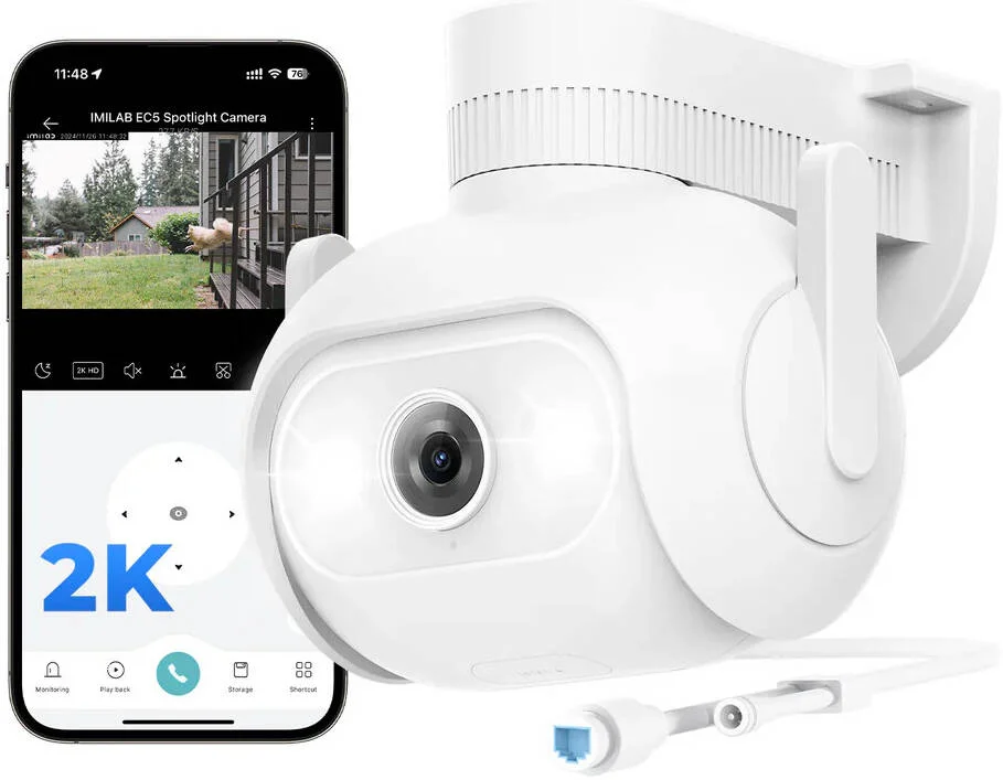 دوربین مداربسته چرخشی وای فای ۲K ایمیلب EC5، تک لنز، رزولوشن ۲K، نظارت ۳۶۰ درجه، تشخیص انسان، نمایش زنده، صدای دو طرفه، ۴ چراغ ال ای دی + ۲ چراغ مادون قرمز، پورت LAN، استاندارد IP66، سفید | EC5