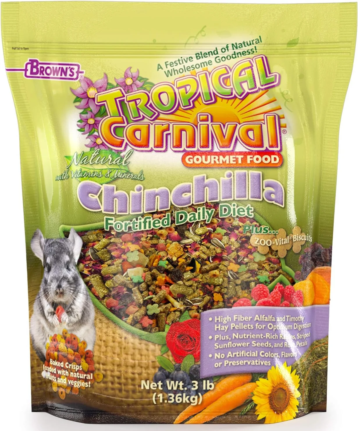 غذای طبیعی چینچیلا F.M. Brown's Tropical Carnival، کیسه 3 پوندی - رژیم غذایی روزانه غنی شده با ویتامین و مواد مغذی با پلت های یونجه و علف تیموتی با فیبر بالا برای هضم مطلوب