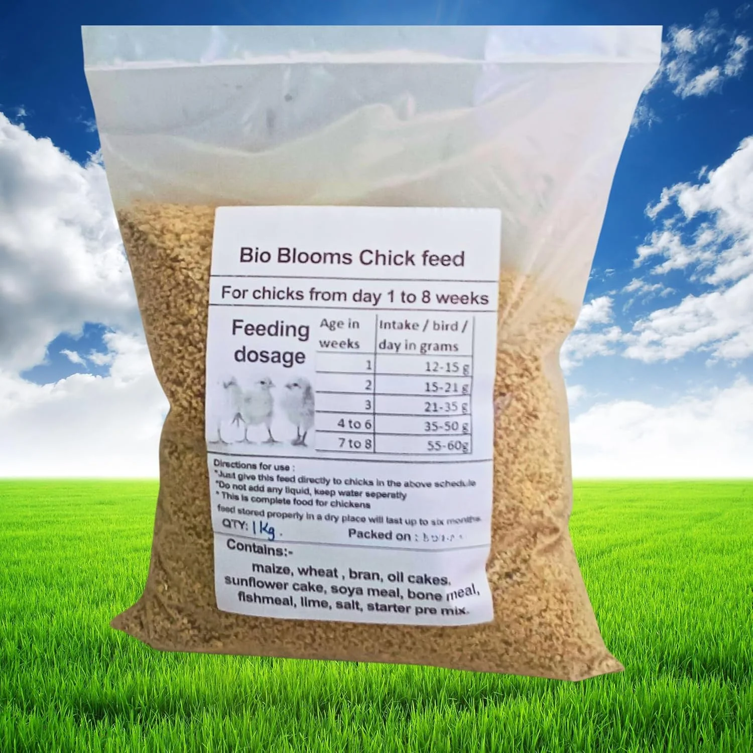 خوراک پولکی طیور BIO Blooms Agro India Private Limited برای جوجه های جوان (0 تا 6 هفته، 1 کیلوگرم، Bio_25)