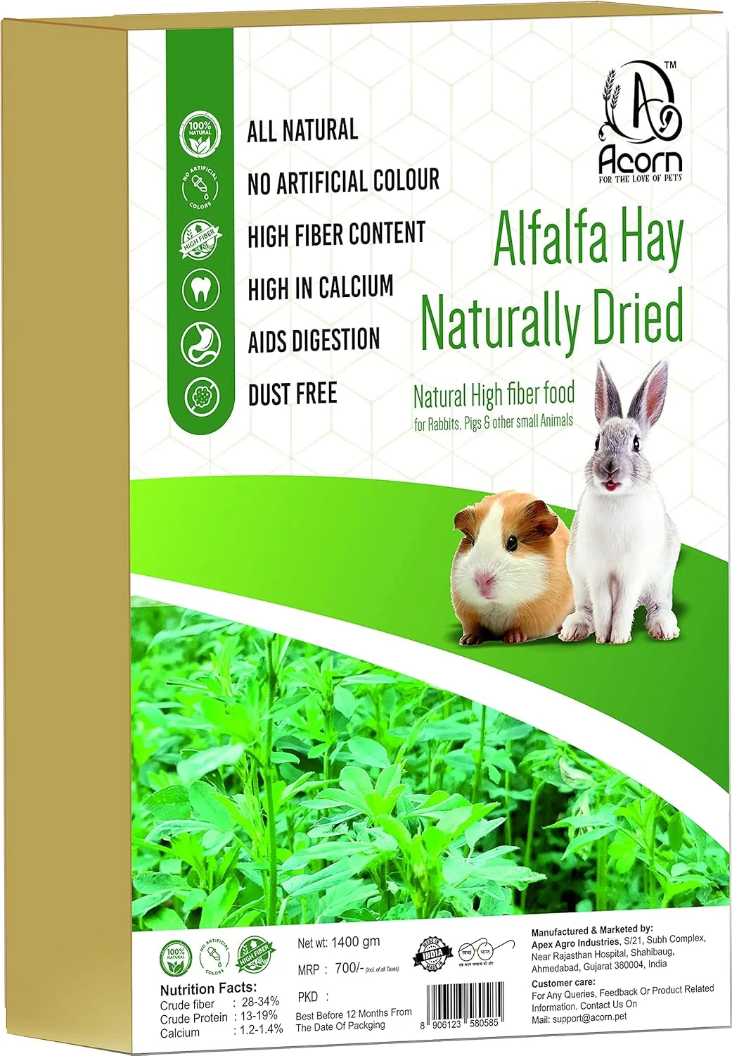 یونجه خشک شده طبیعی آکورن (۱.۴ کیلوگرم) | غذا برای خرگوش، خوکچه هندی، همستر و سایر حیوانات کوچک | غذای با فیبر بالا | بدون آفت کش، ۱ عدد