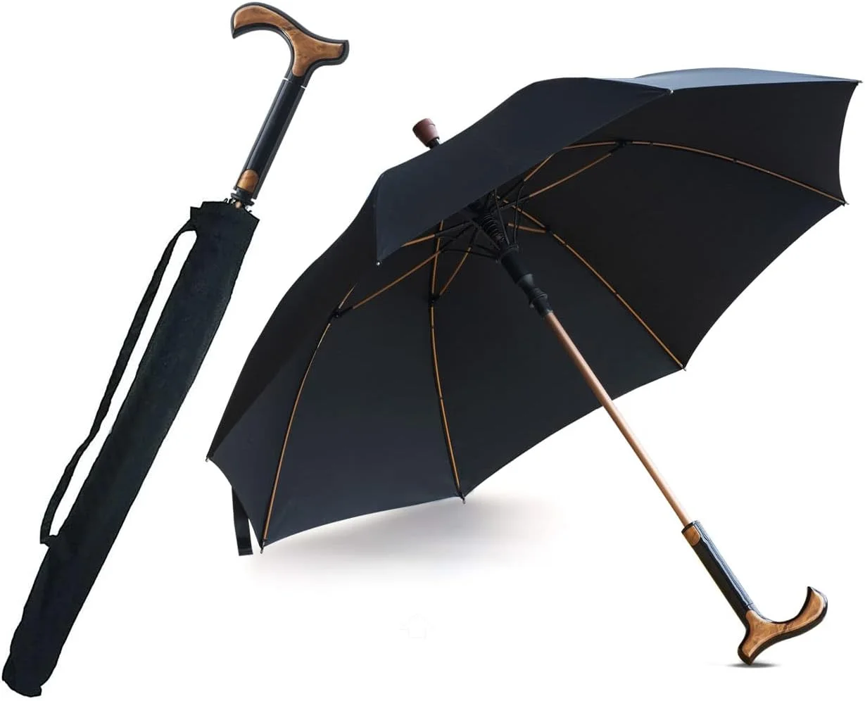 عصا چتری 2 در 1 - چتر عصایی با پره های مقاوم در برابر باد، سبک وزن، با فریم بادوام - هدیه ای ایده آل برای پدر، مناسب کوهنوردی، پیاده روی و استفاده در روزهای بارانی