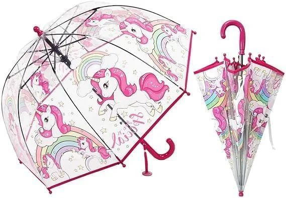 چتر حبابی شفاف بچگانه، چترهای گنبدی شفاف برای کودکان با بست ایمن و دسته قلاب دار با طراحی ایمن و مراقبت آسان برای باران پسران دختران، یک سایز