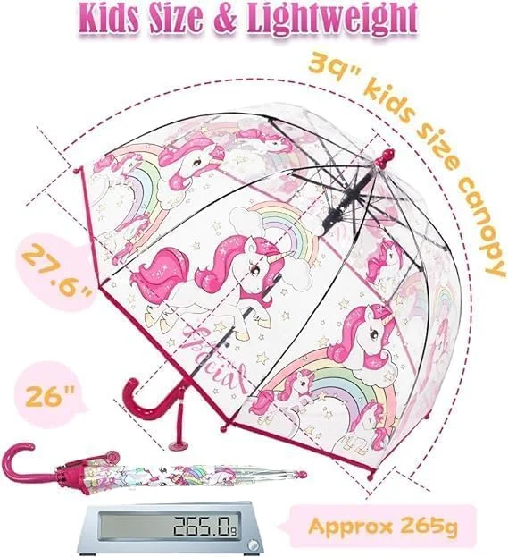 چتر حبابی شفاف بچگانه، چترهای گنبدی شفاف برای کودکان با بست ایمن و دسته قلاب دار با طراحی ایمن و مراقبت آسان برای باران پسران دختران، یک سایز