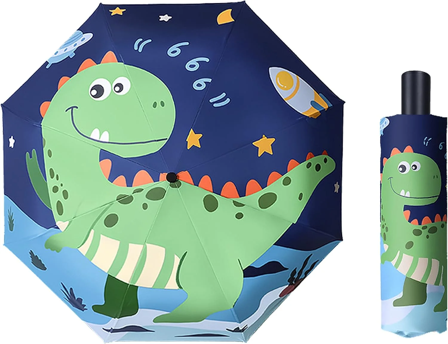 چتر تاشو مسافرتی برای کودکان، باز و بسته شدن دستی، ضد باد، ضد باران، سبک وزن، جمع و جور، چتر آفتابی، طرح کارتونی دایناسورهای سبز
