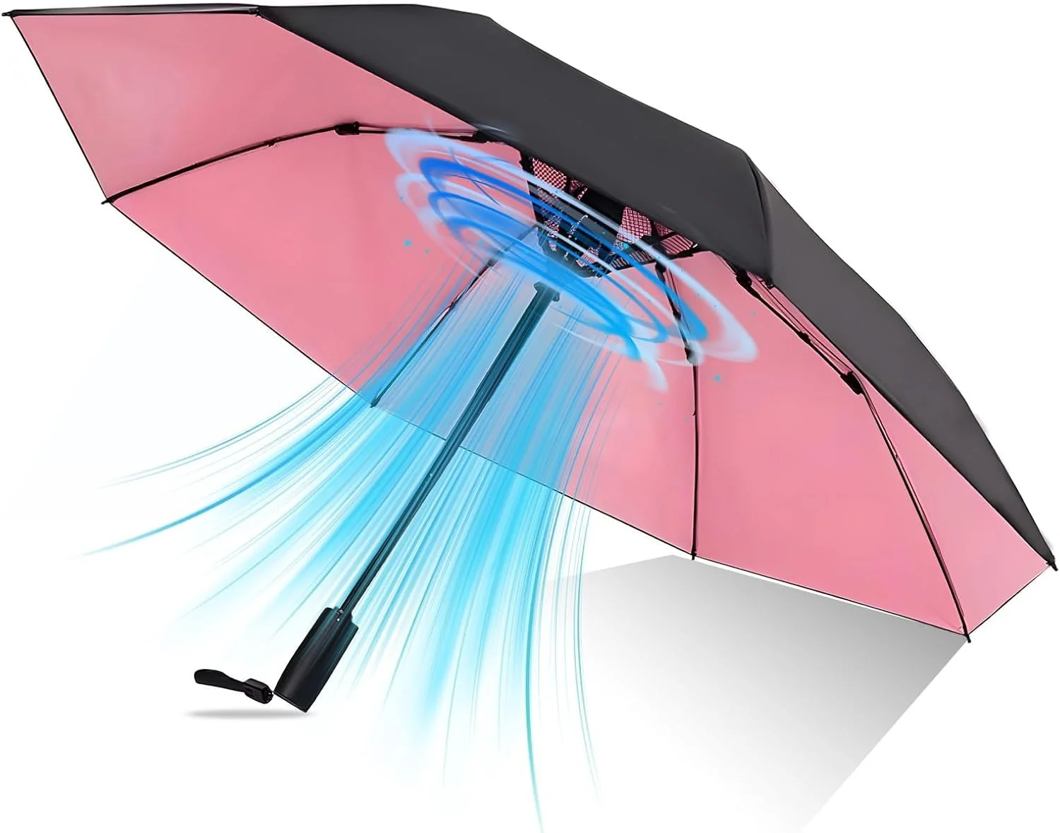 چتر محافظت در برابر اشعه ماوراء بنفش با فن، چتر خنک کننده با فن، قابل حمل و شارژی، چتر مسافرتی جیبی تابستانی برای آفتاب یا باران، مشکی