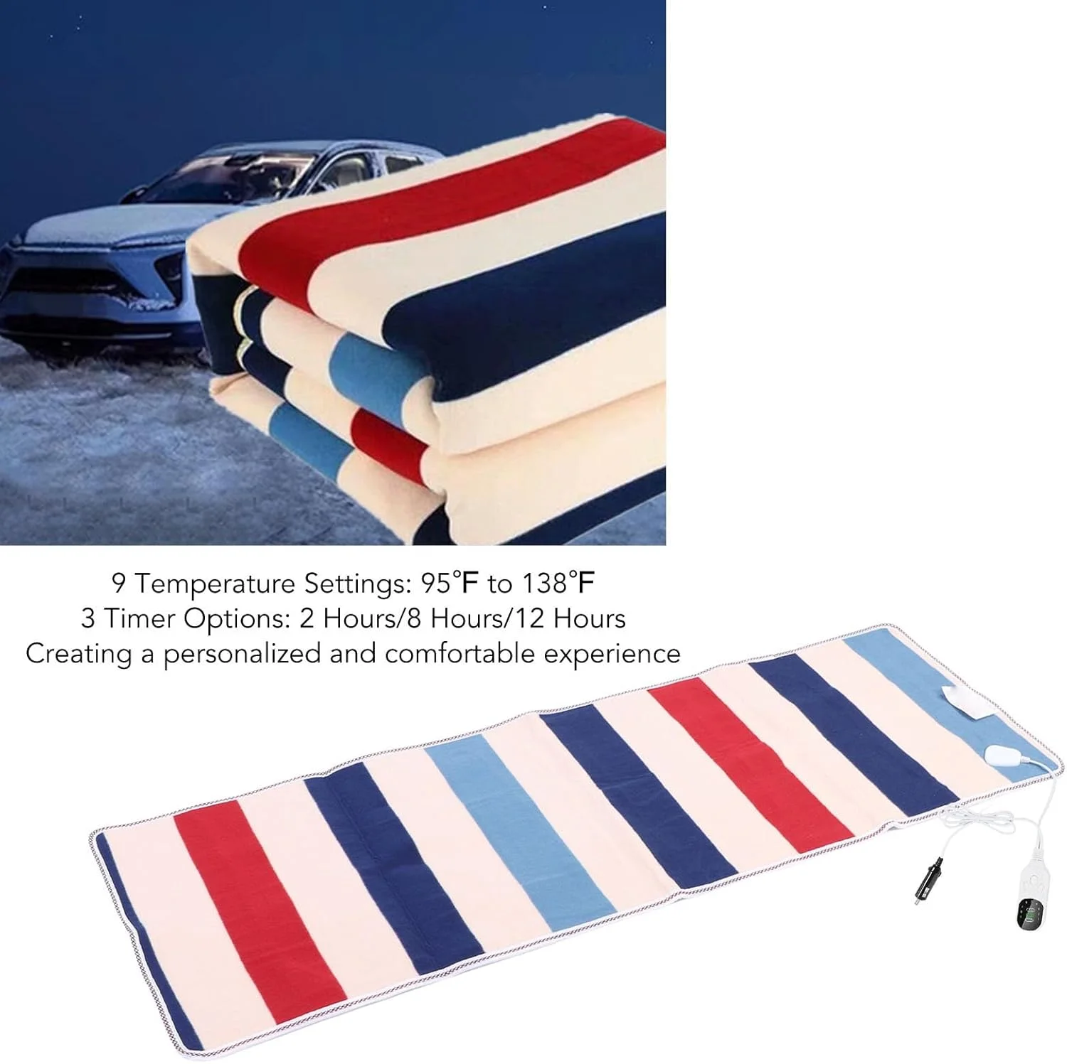 پتو برقی گرمایشی خودرو Bewinner 24V، فلانل نرم و لطیف با 9 تنظیمات گرمایش و 3 تایمر، پتو گرم کننده قابل حمل برقی، مناسب برای زمستان، خودروهای شاسی بلند، کمپینگ، ابعاد 150x50 سانتی متر پتو برقی گرمایشی خودرو Bewinner 24V، فلانل نرم و لطیف با 9 تنظیمات گرمایش و 3 تایمر، پتو گرم کننده قابل حمل برقی، مناسب برای زمستان، خودروهای شاسی بلند، کمپینگ، ابعاد 150x50 سانتی متر