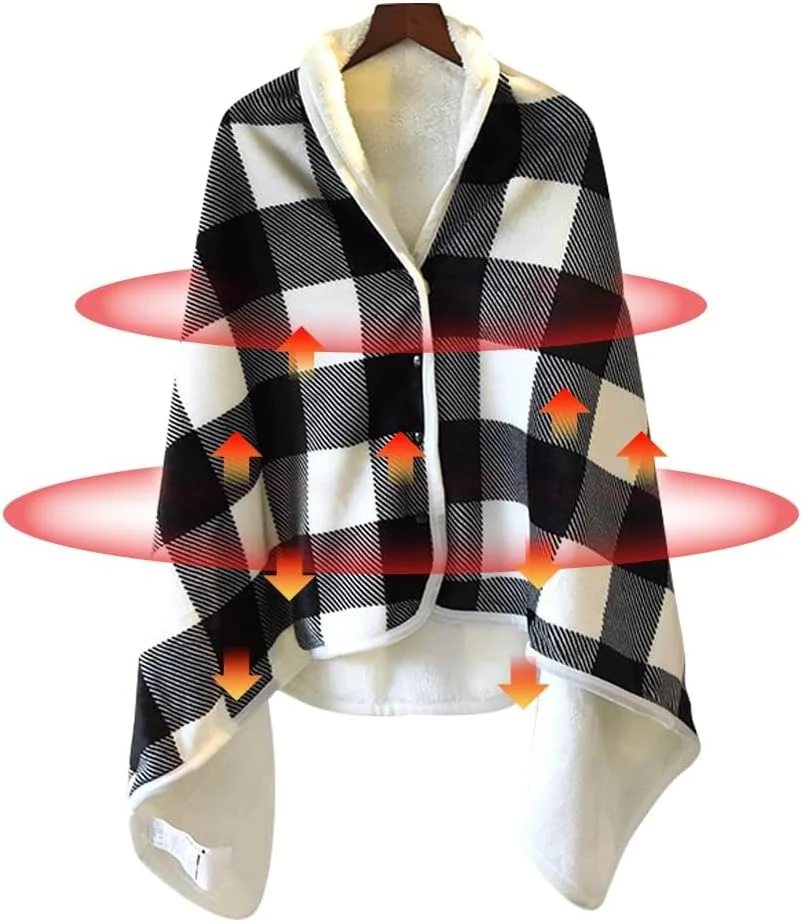 شال پشمی گرمایشی برقی USB، پتوی پشمی پوشیدنی گرم شونده با دکمه فشاری، 3 تنظیمات دما و تایمر، شنل راحت برای خانه، دفتر، فضای باز، استفاده در سفر (140*80 سانتی متر)