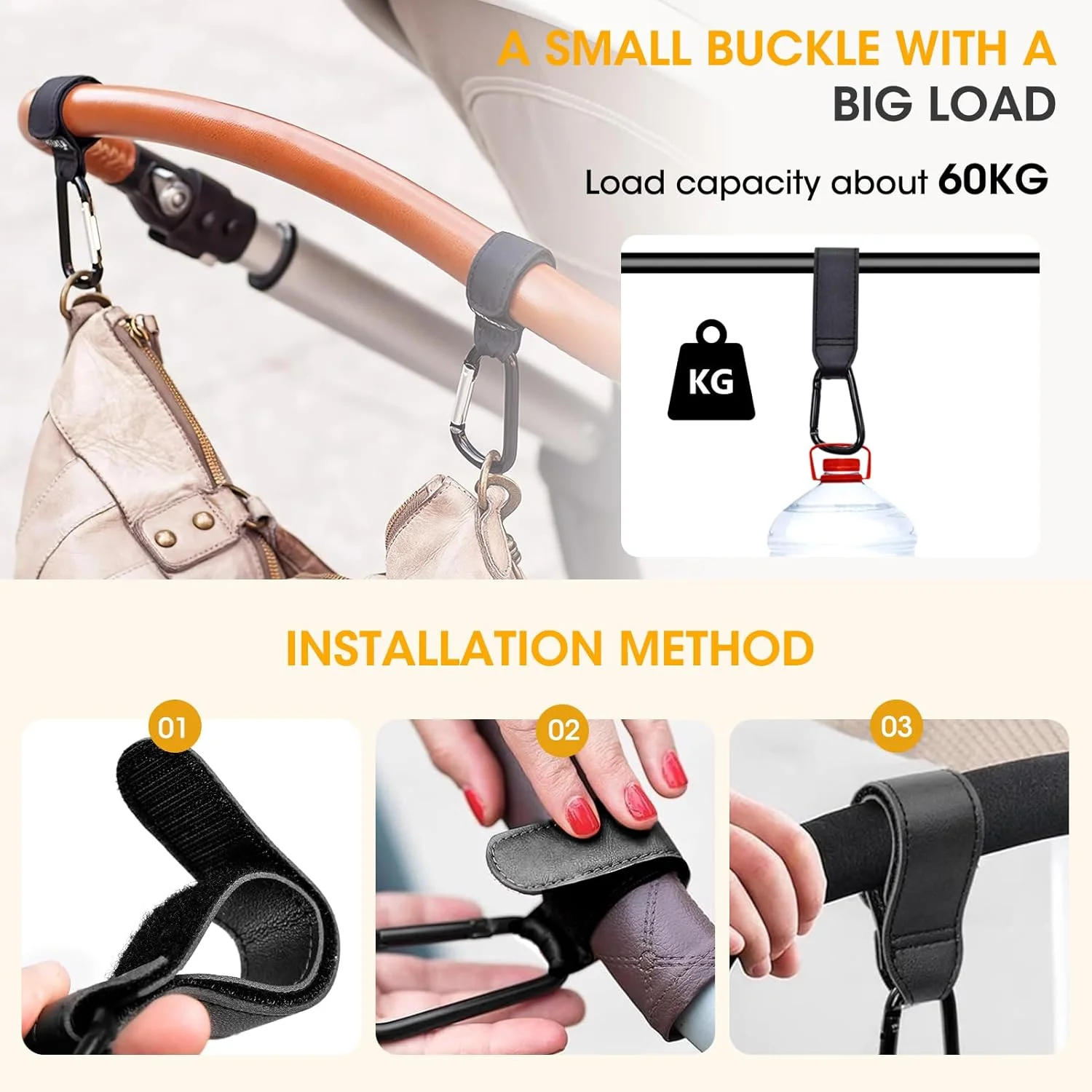 گیره های کالسکه 2 عددی برای کیف، گیره ها و قلاب های کالسکه کودک جهانی با قابلیت حمل 20 کیلوگرم، ضد لغزش با باز شدن با یک دست، آویز کیف پوشک، لوازم جانبی قلاب های جهانی برای سبد خرید کالسکه (مشکی)