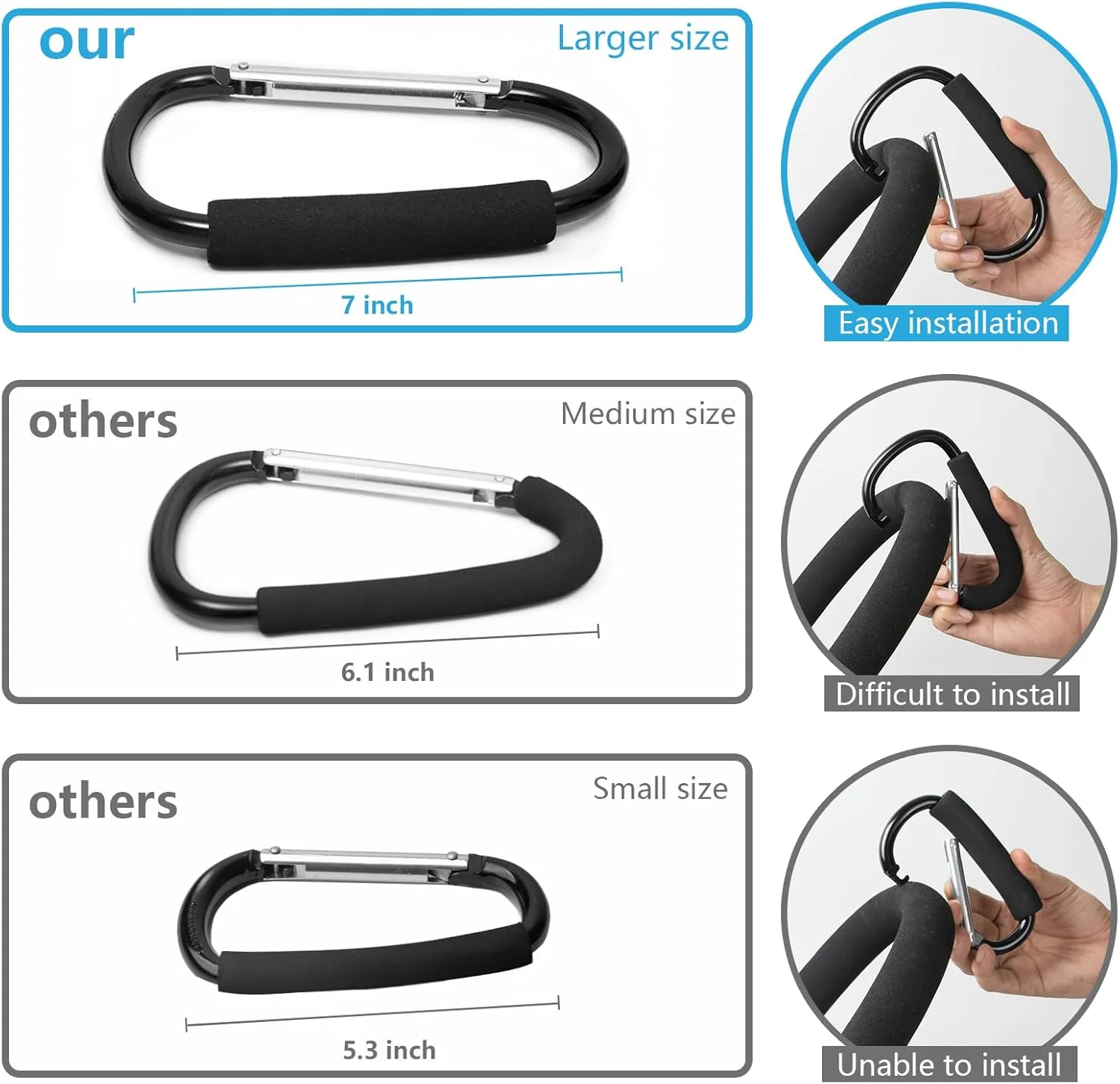 آویزهای کالسکه کودک برای آویزان کردن کیف لوازم، گیره بزرگ 7 اینچی کالسکه، بسته 2 عددی آویز کالسکه برای آویزان کردن کیف و خرید، لوازم جانبی کالسکه برای مادر، کارابین بزرگ، سازمان دهنده لوازم جانبی واکر