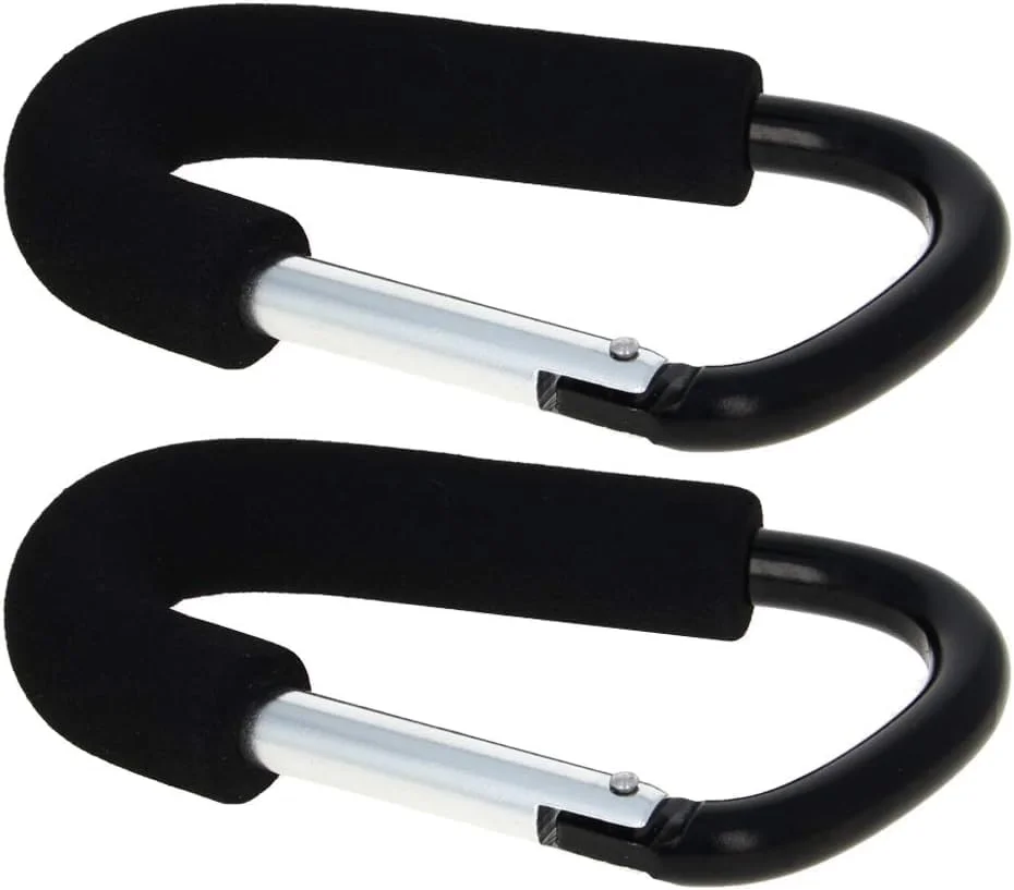 Aicosineg گیره قلاب دار 2 عددی 140x80 میلی متر نوع D بزرگ دسته حمل کیسه خرید کارابین با اسفنج برای کالسکه بچه آویز چرخ دستی گیره نگهدارنده حداکثر بار 3 کیلوگرم مشکی