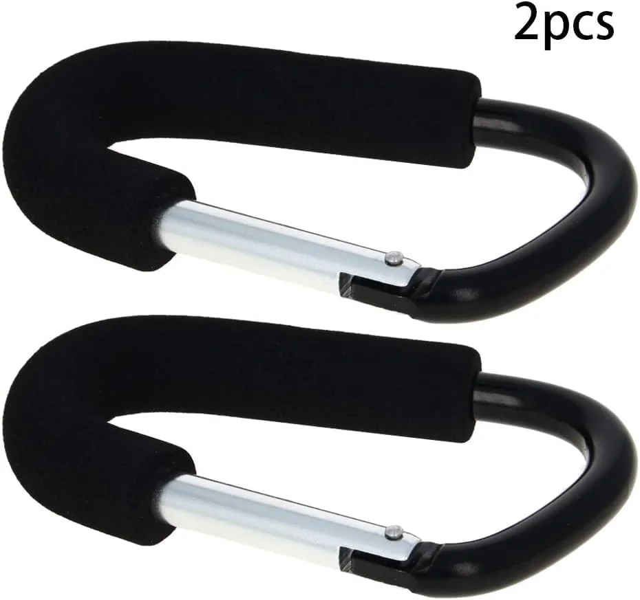Aicosineg گیره قلاب دار 2 عددی 140x80 میلی متر نوع D بزرگ دسته حمل کیسه خرید کارابین با اسفنج برای کالسکه بچه آویز چرخ دستی گیره نگهدارنده حداکثر بار 3 کیلوگرم مشکی